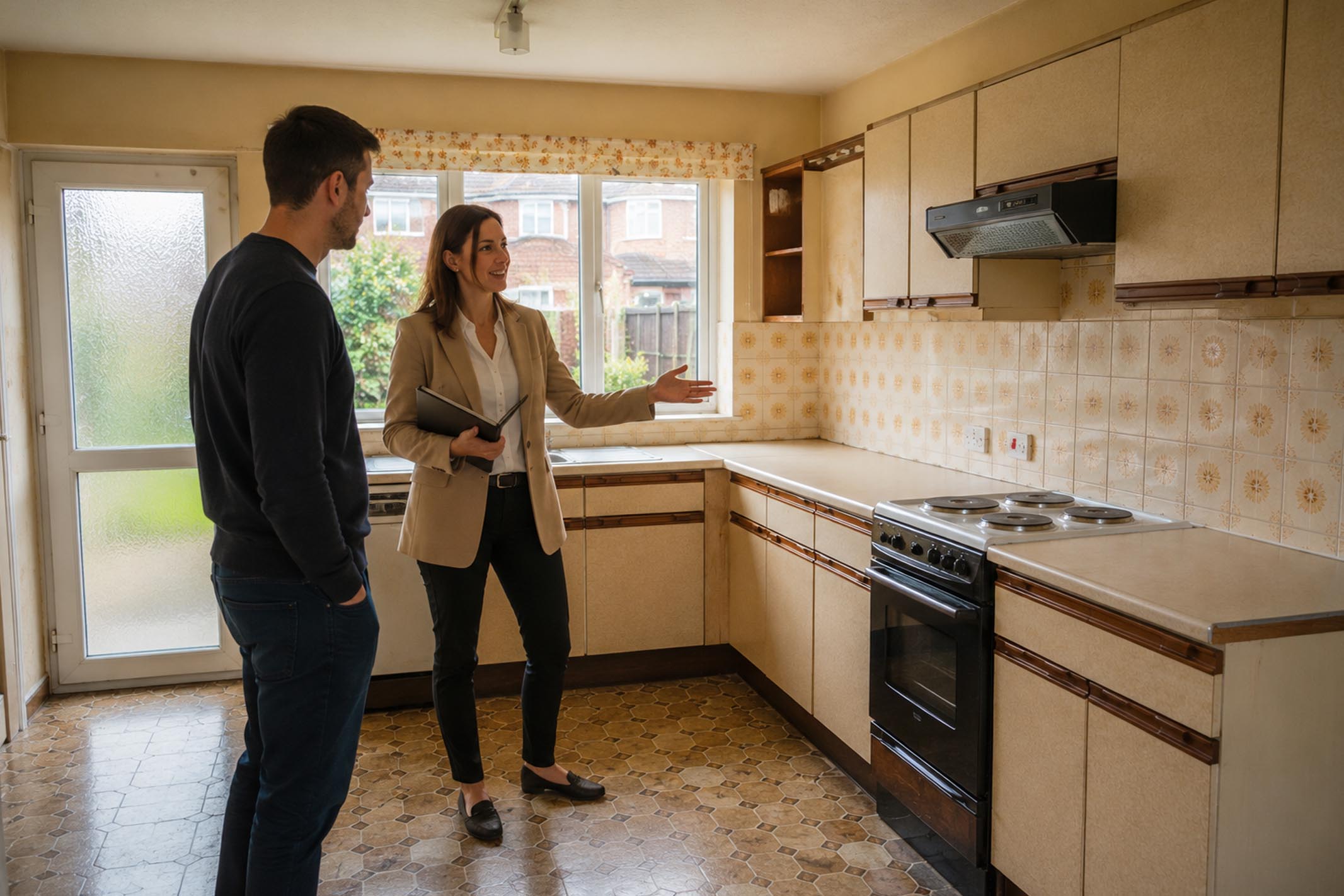 Property investor viewing a dated 1970s kitchen in a modest semi-detached house with an estate agent, illustrating how budget influences investment property opportunities.