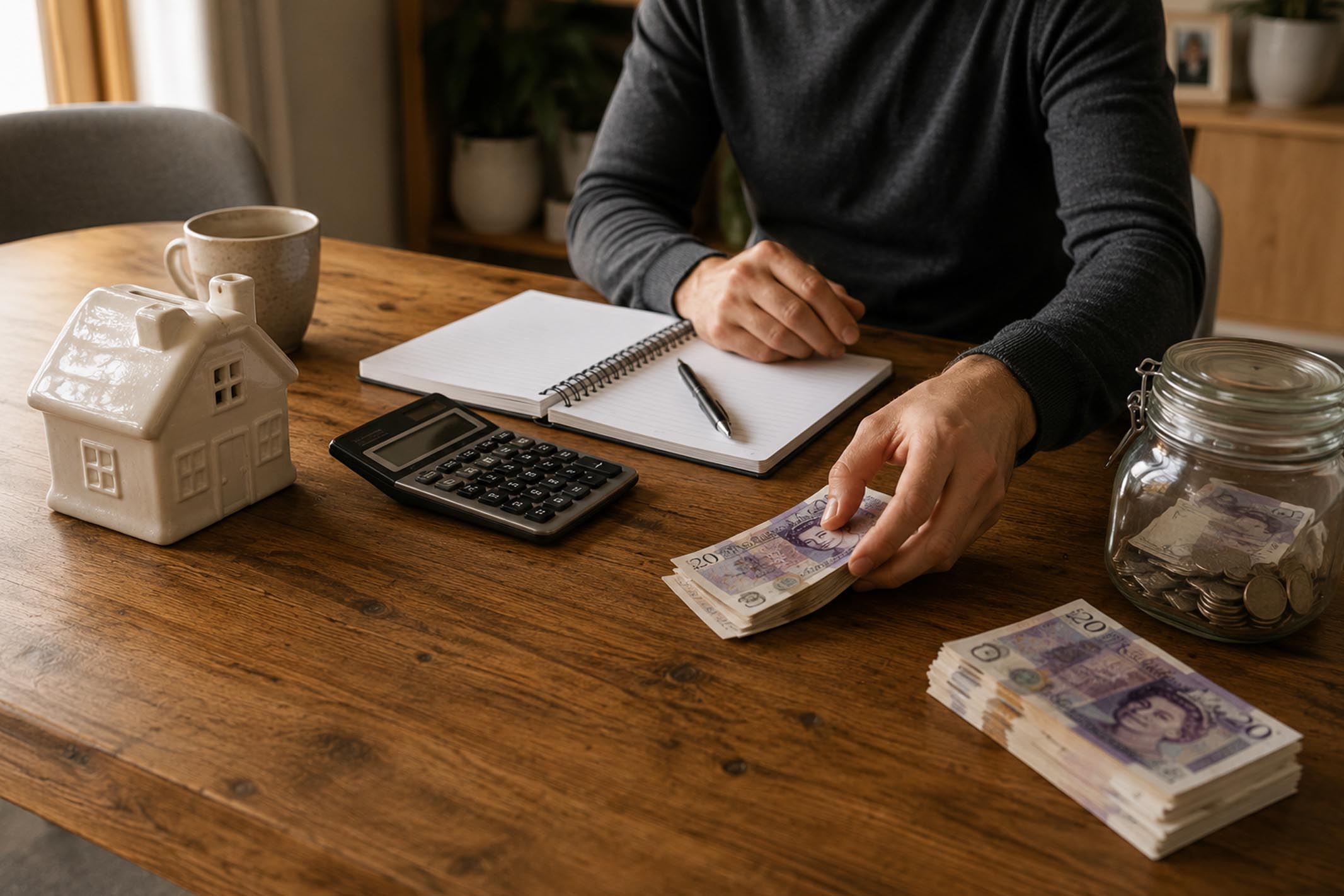Investor setting aside part of their savings while planning a property purchase, with a house-shaped piggy bank, calculator, notebook and emergency savings jar on a wooden table.