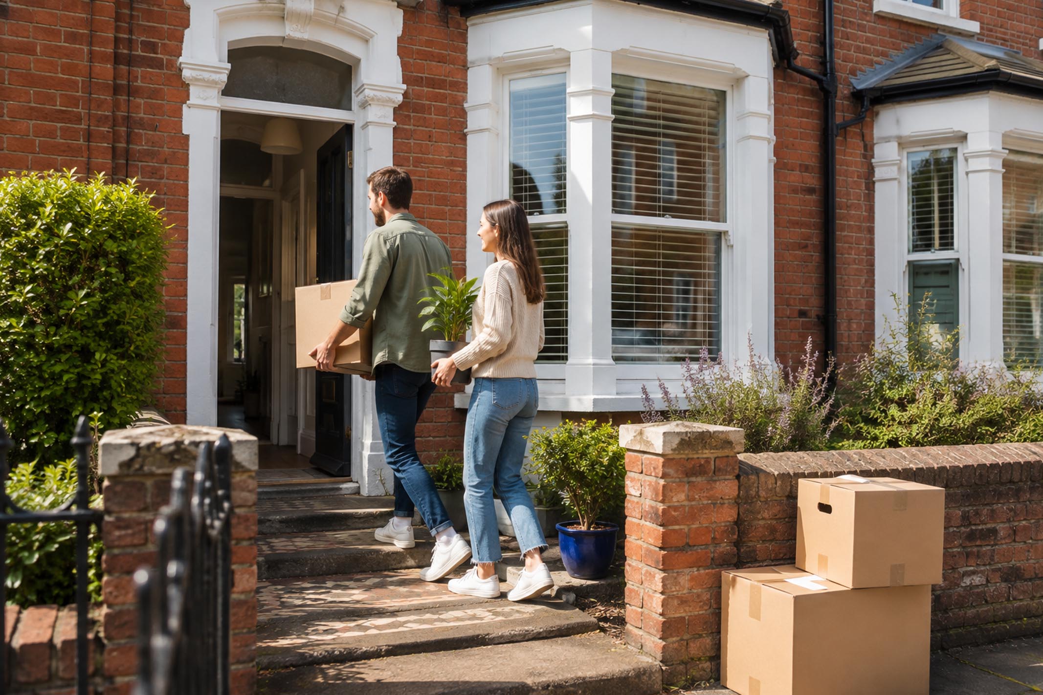 Young professional couple moving into a modest Victorian terraced house in a UK commuter town, carrying moving boxes and a houseplant outside a traditional buy-to-let investment property.