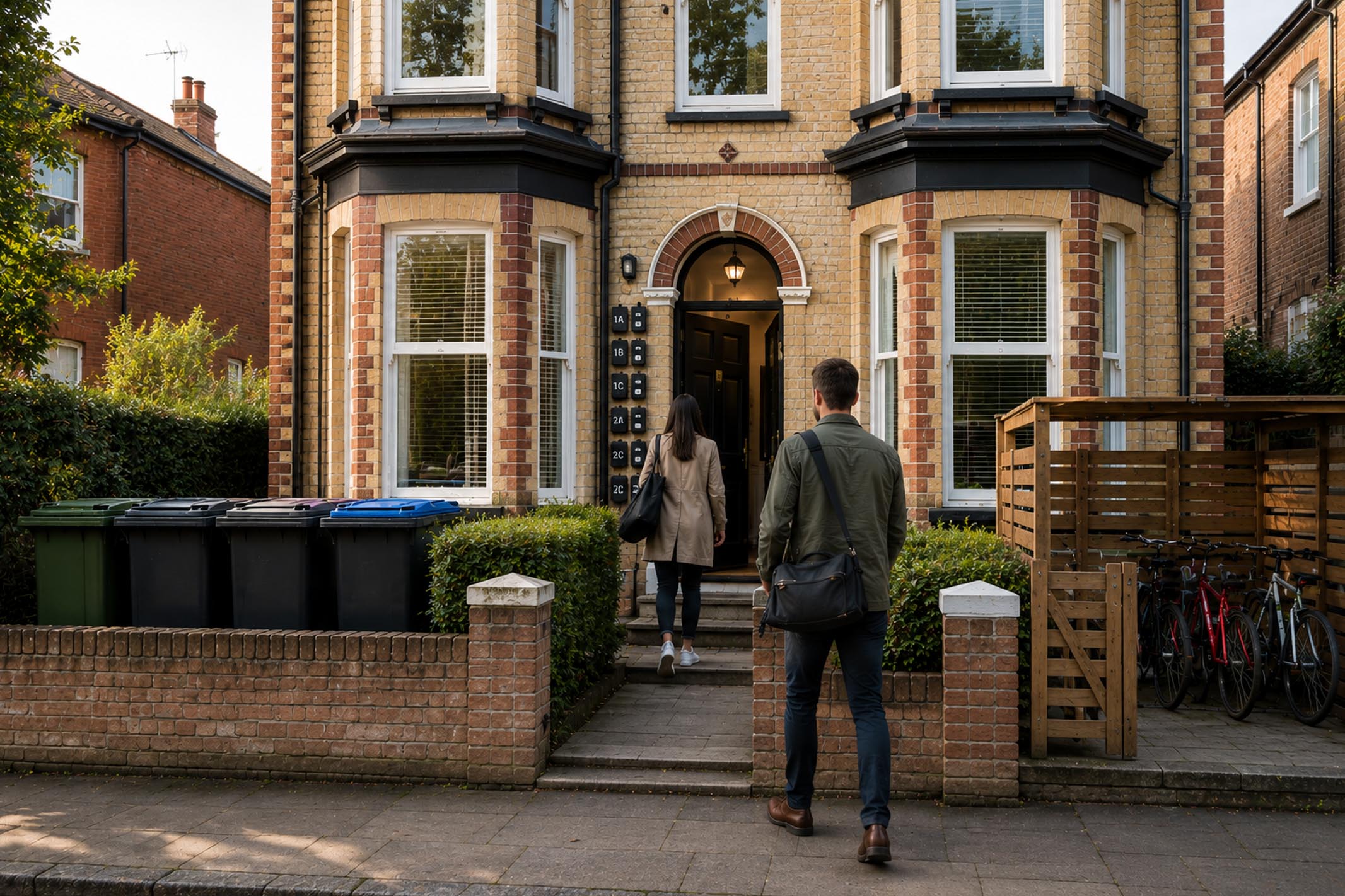 Professionally managed HMO investment property with multiple doorbells, secure bicycle storage, wheelie bins and residents returning home after work, illustrating a well-managed house in multiple occupation in the UK.