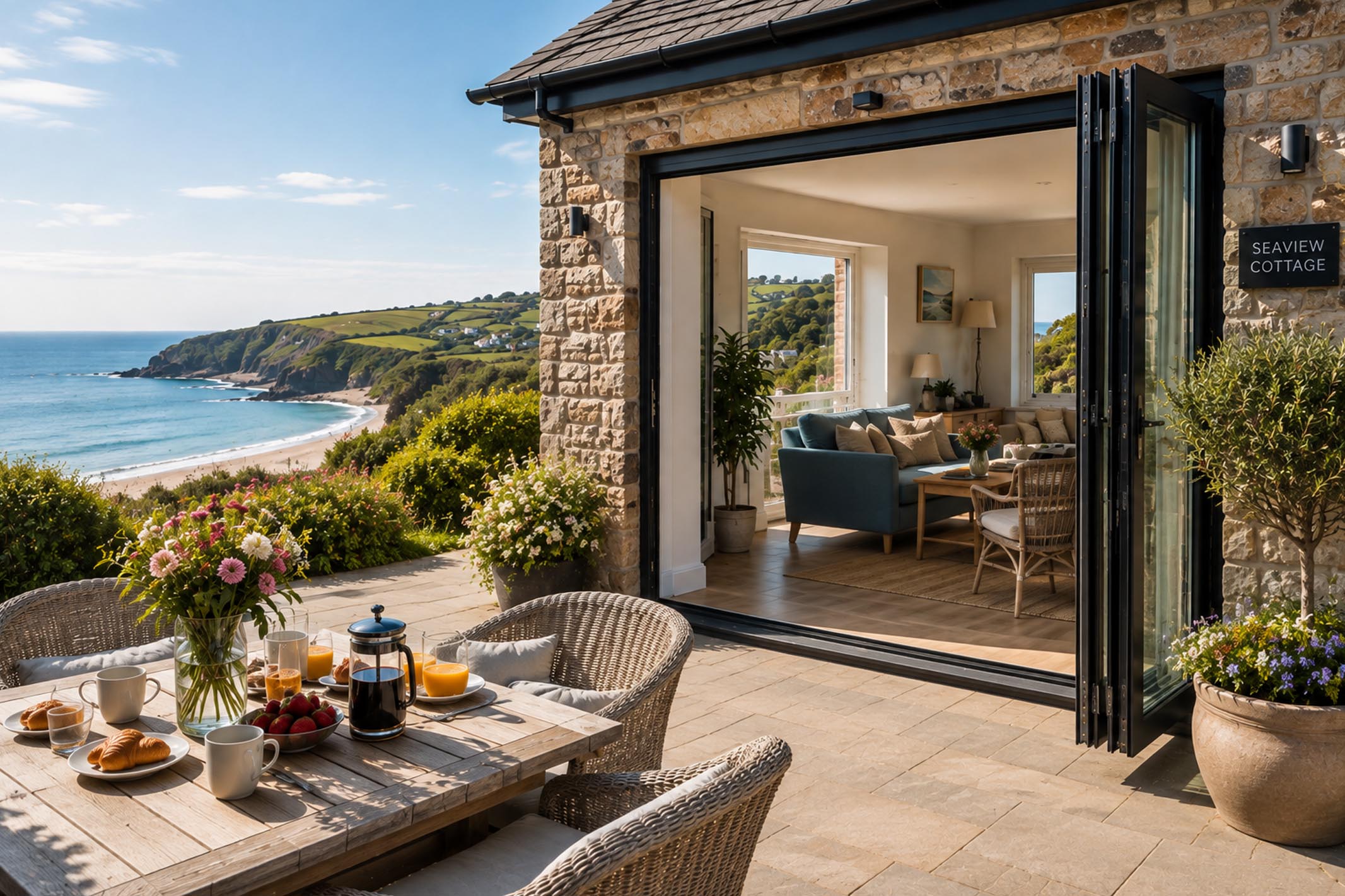 Beautifully presented coastal holiday cottage with open bi-fold doors, outdoor breakfast table, fresh flowers and sea views, illustrating a professionally managed serviced accommodation investment in the UK.