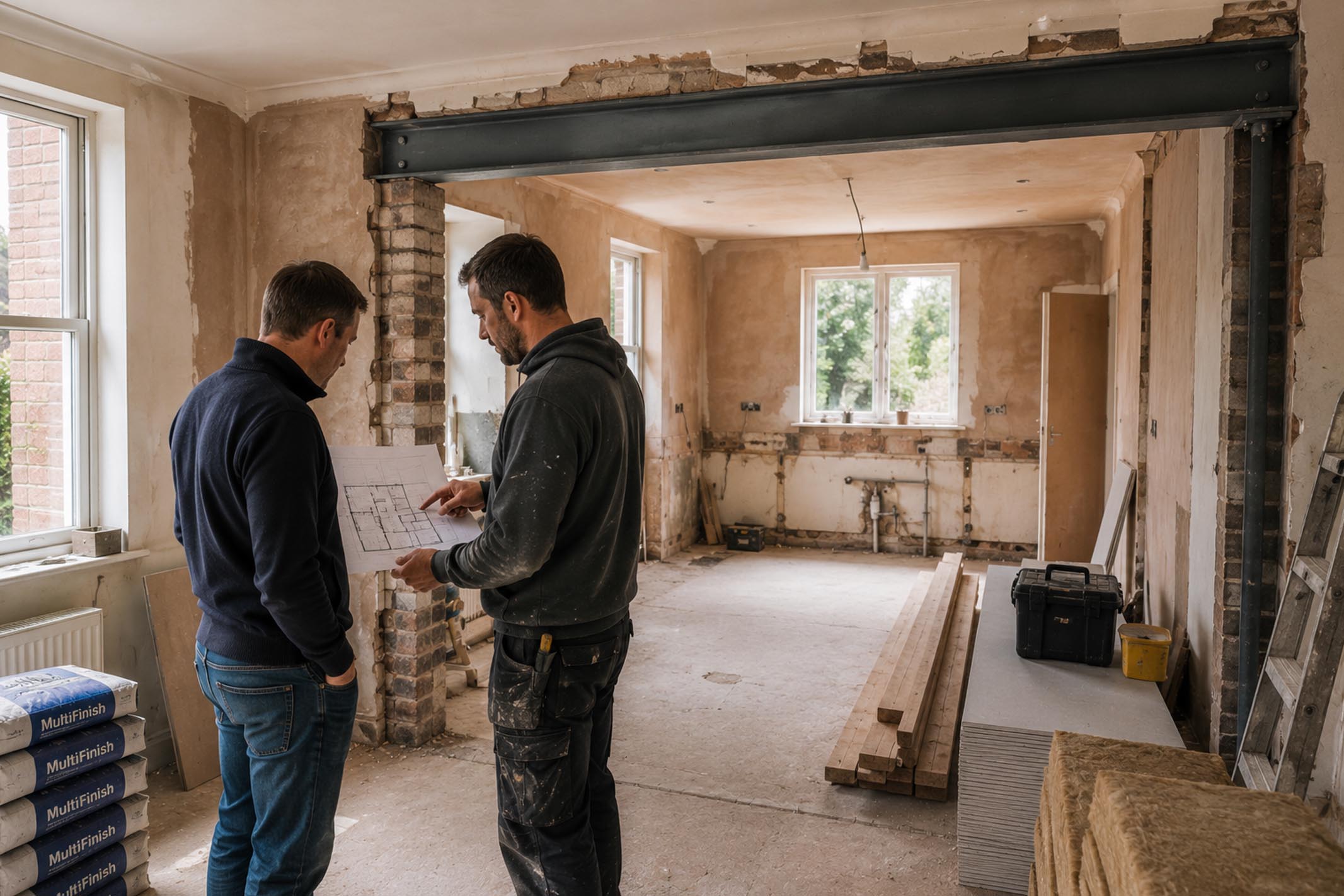 Property investor discussing renovation plans with a building contractor inside a stripped-out kitchen during a professional Buy, Refurbish, Refinance (BRR) project, showing fresh plaster, a structural steel beam (RSJ) and building materials.