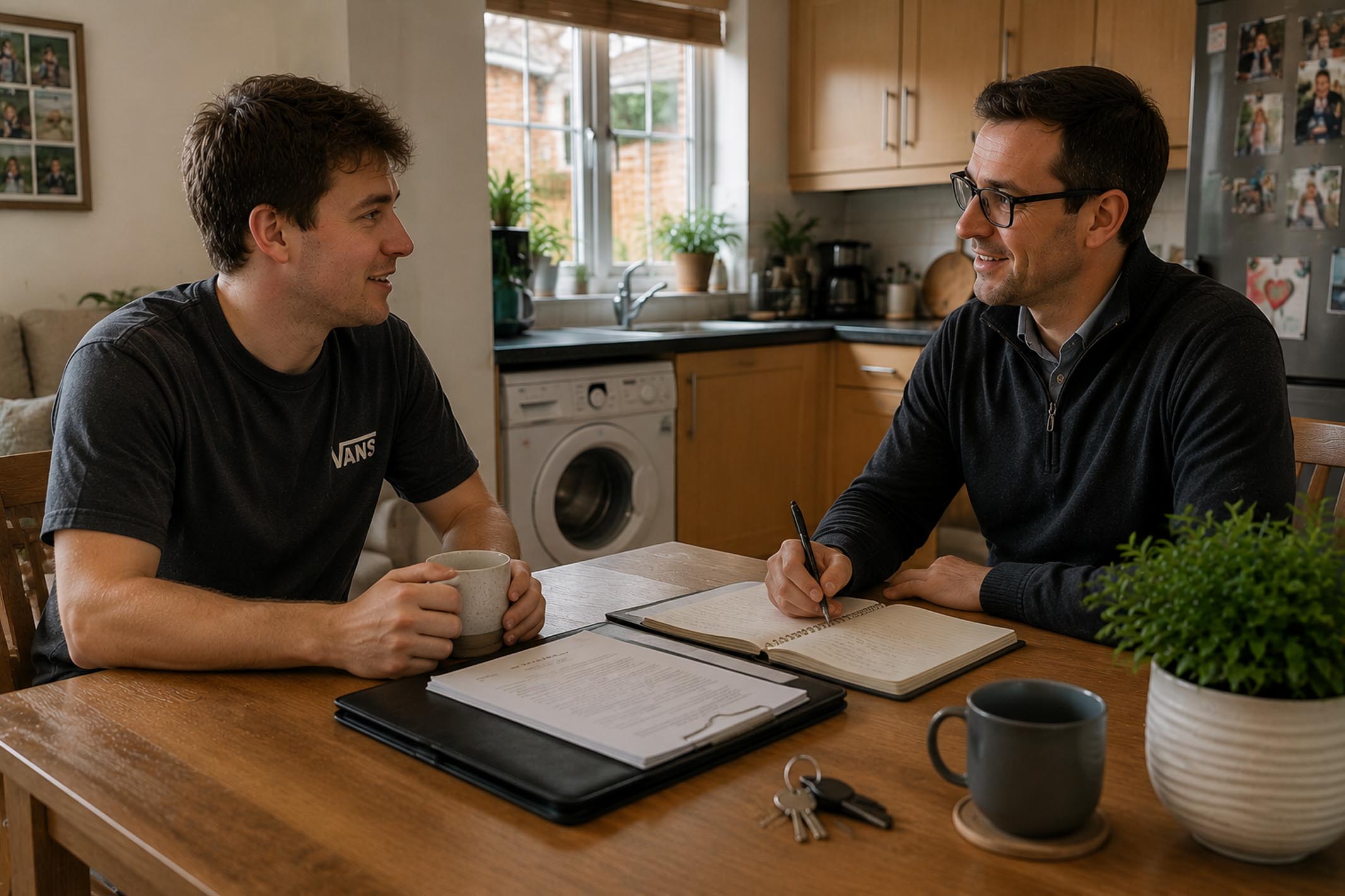 Property investor meeting with an existing tenant at a kitchen table inside a rented UK home, reviewing tenancy documents and discussing the transfer of landlord responsibilities.