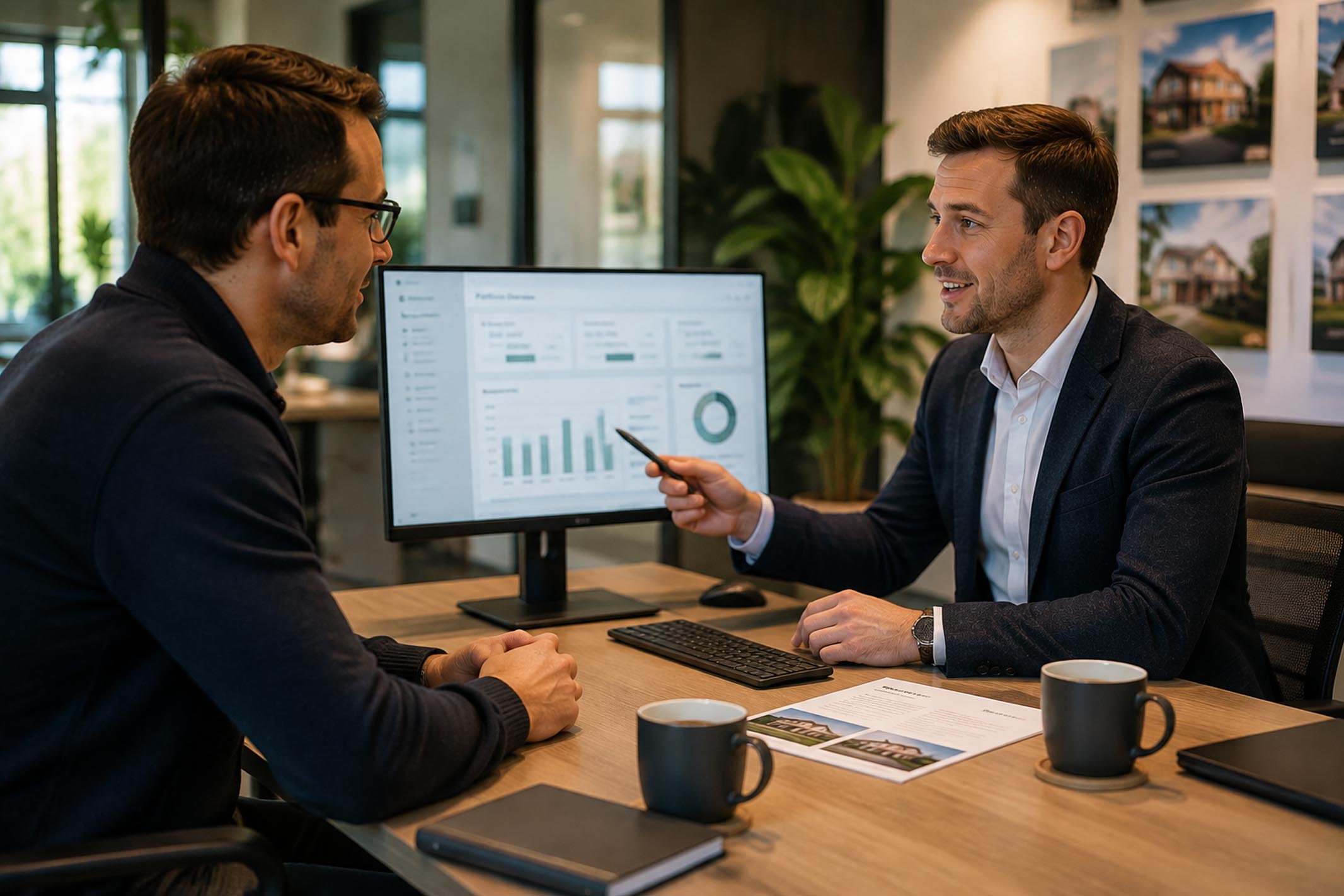 Property investor meeting with a male letting agent in a modern estate agency office, reviewing rental performance data on a computer display as part of assessing an occupied investment property.