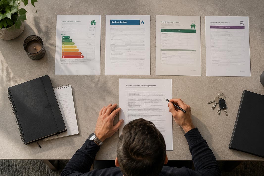 Investor reviewing property due diligence documents including tenancy paperwork, safety certificates, inspection reports and keys on a modern dining table, representing the checks required when buying a property with tenants in situ.