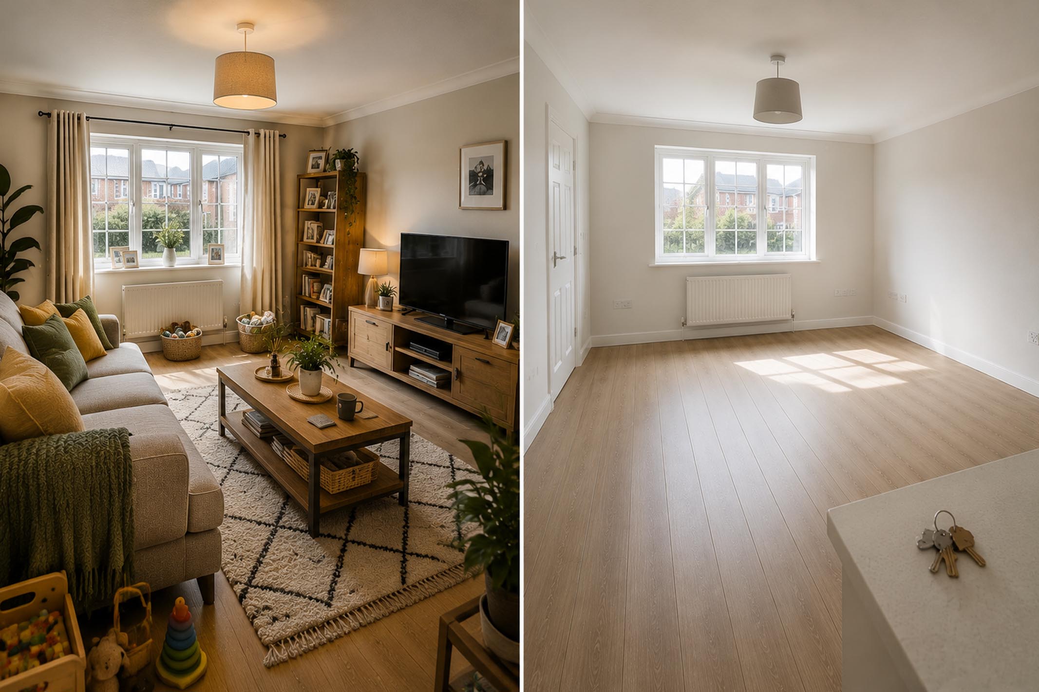 Split-screen comparison showing the same living room as an occupied rental property with furniture and personal belongings on one side, and an empty freshly prepared room with keys on the counter on the other, illustrating the difference between buying a tenanted property and buying with vacant possession.