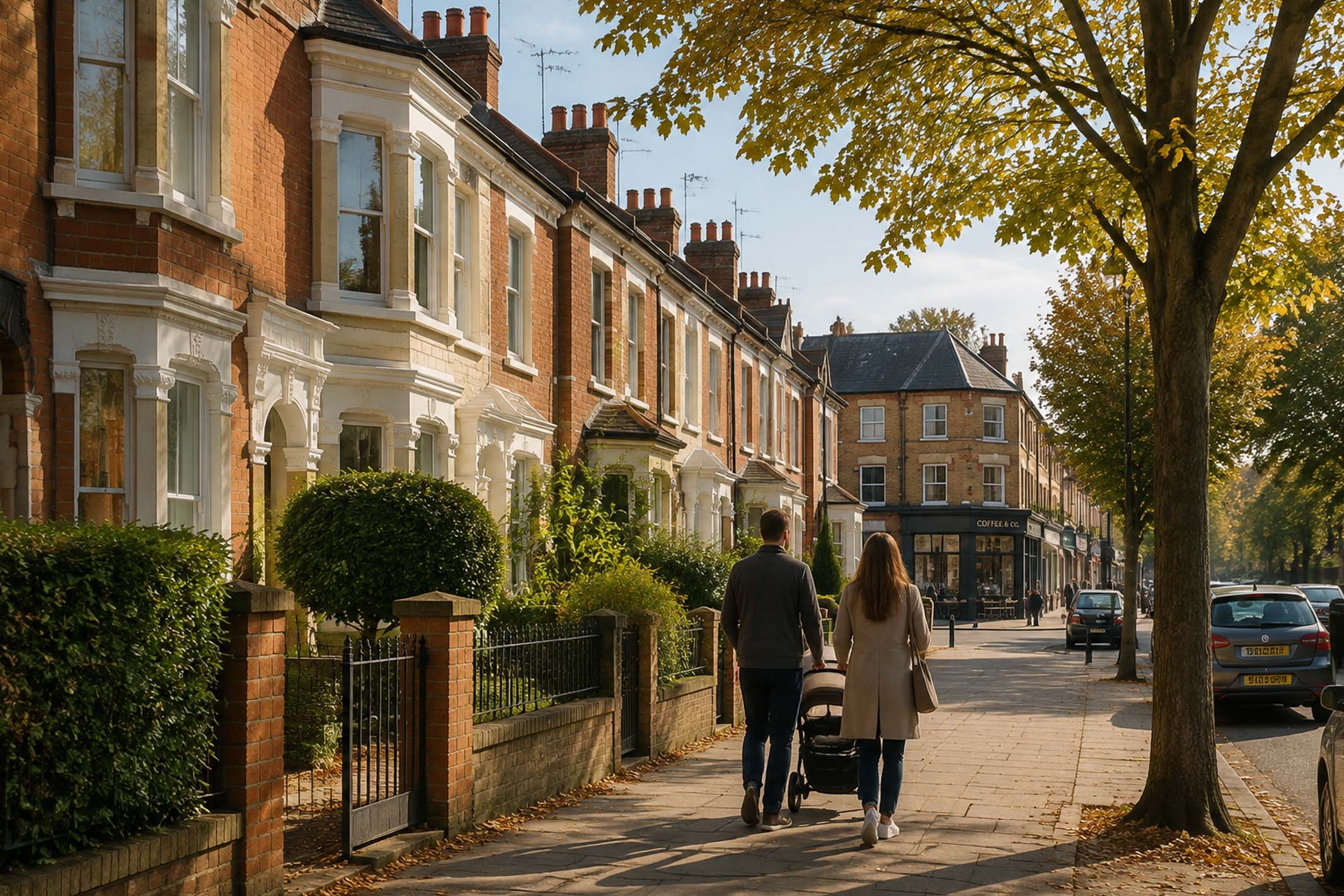 A desirable UK residential neighbourhood on a sunny autumn afternoon, featuring attractive Victorian terraced homes, mature trees, well-maintained gardens and local amenities, representing the quality fundamentals behind a strong buy-to-let investment area.