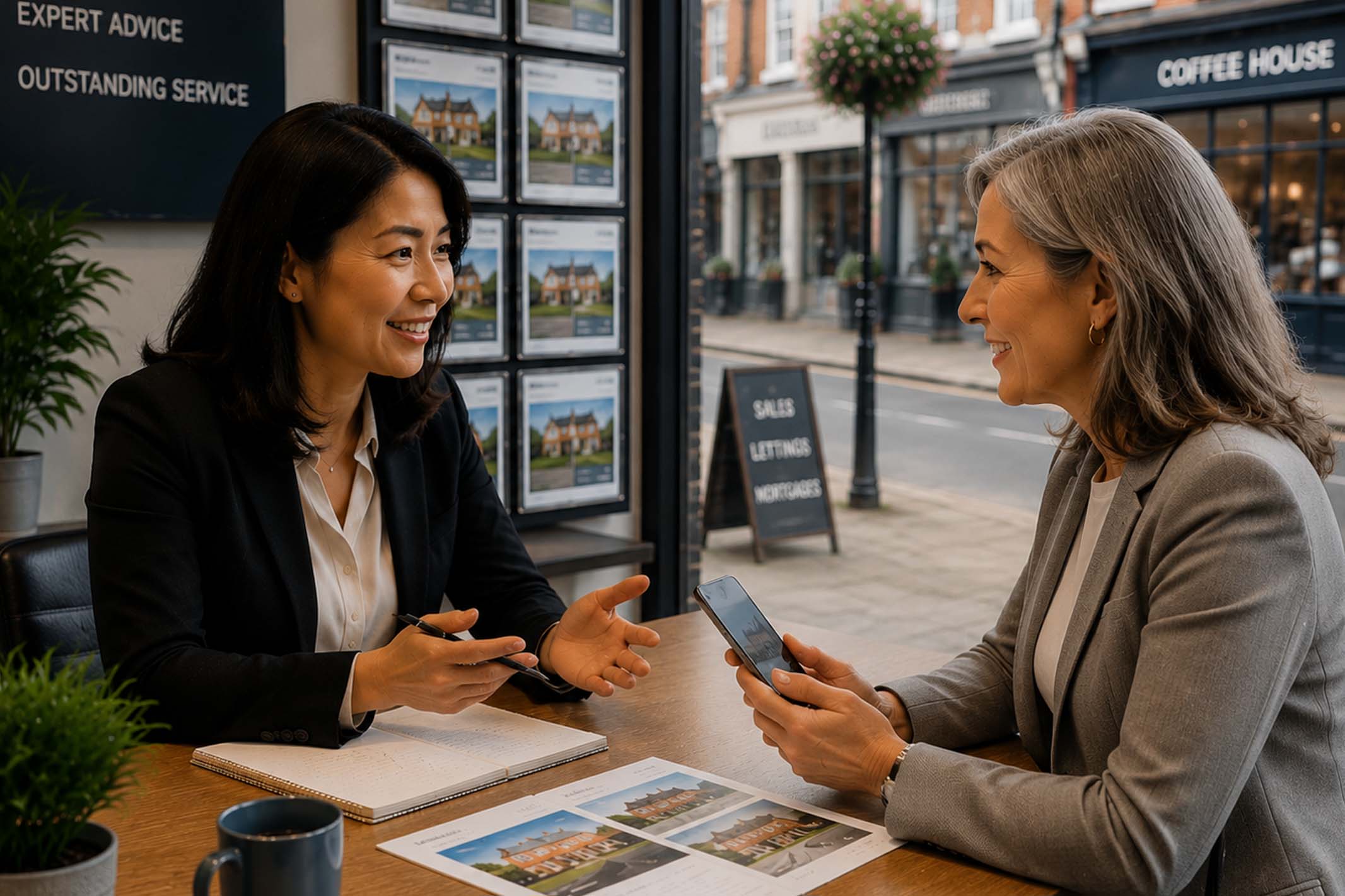 A professional property investor discussing potential Essex property investments with a female estate agent in a modern local estate agency office, reviewing property options on a smartphone and documents.