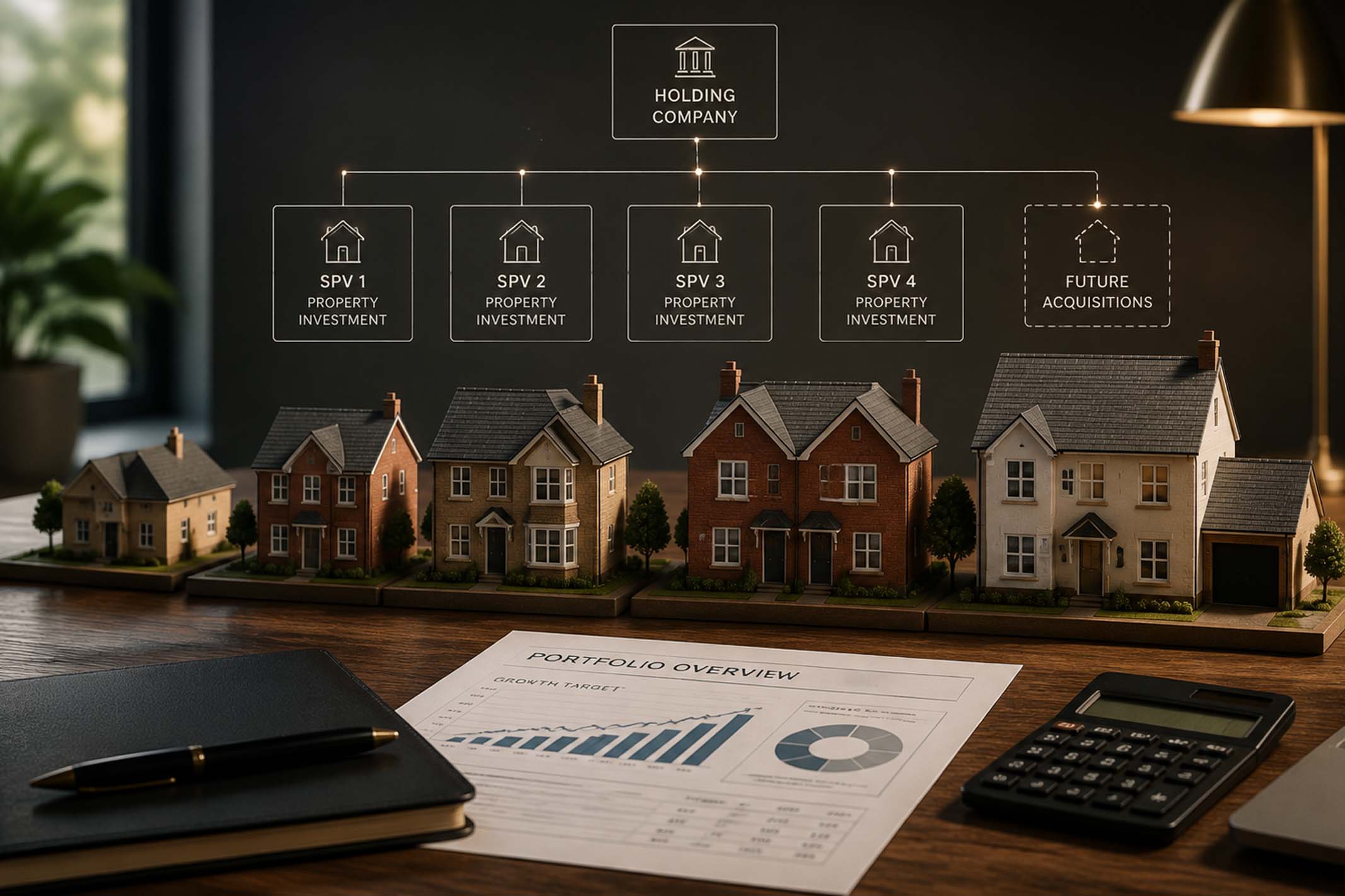 A conceptual property investment portfolio showing multiple UK homes alongside business planning materials, representing the use of structured investment strategies and limited company property ownership.
