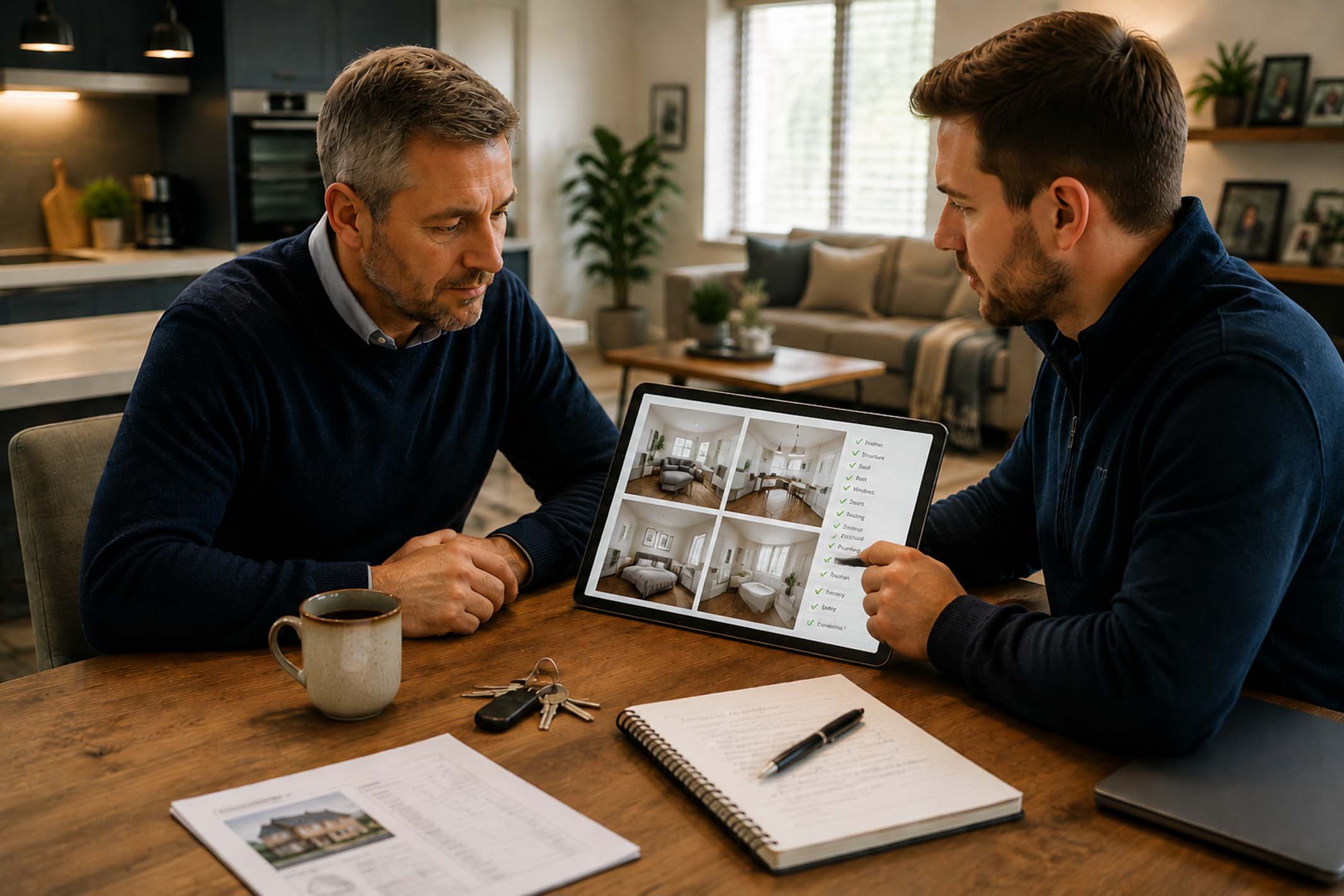 A property investor reviewing a rental property management report on a tablet with a property manager in a modern home, representing professional oversight and structured portfolio management.