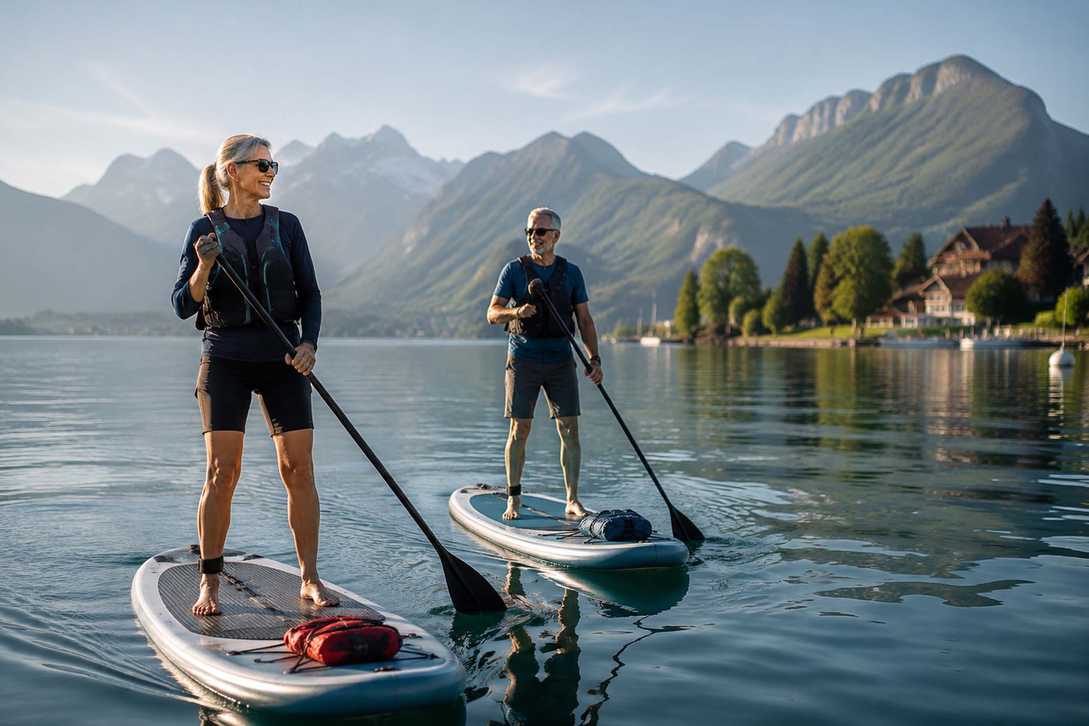 A couple in their early sixties paddleboarding on a peaceful alpine lake in Switzerland, representing the financial freedom and active lifestyle that long-term investing can help achieve.