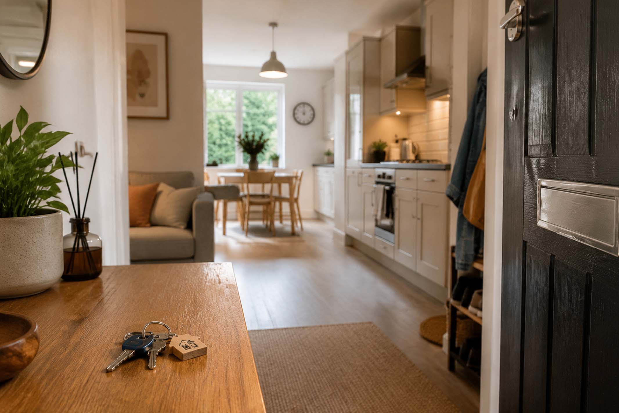 A modern, well-maintained rental property interior with keys on a hallway table, representing reliable rental income as a foundation of property investment wealth.