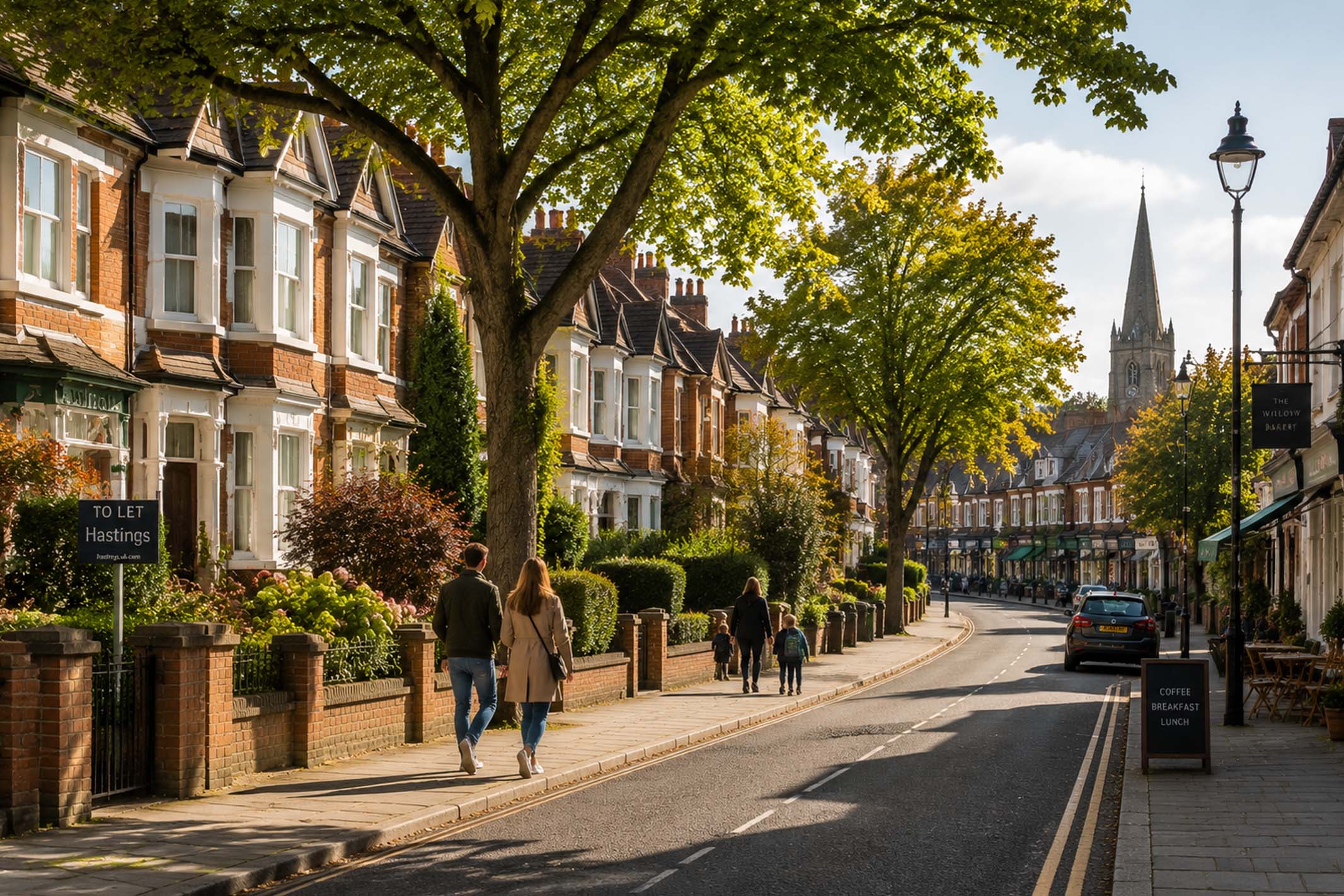 A desirable UK residential street with Victorian homes, mature trees, local shops and people walking, representing the role of location in long-term property capital growth.