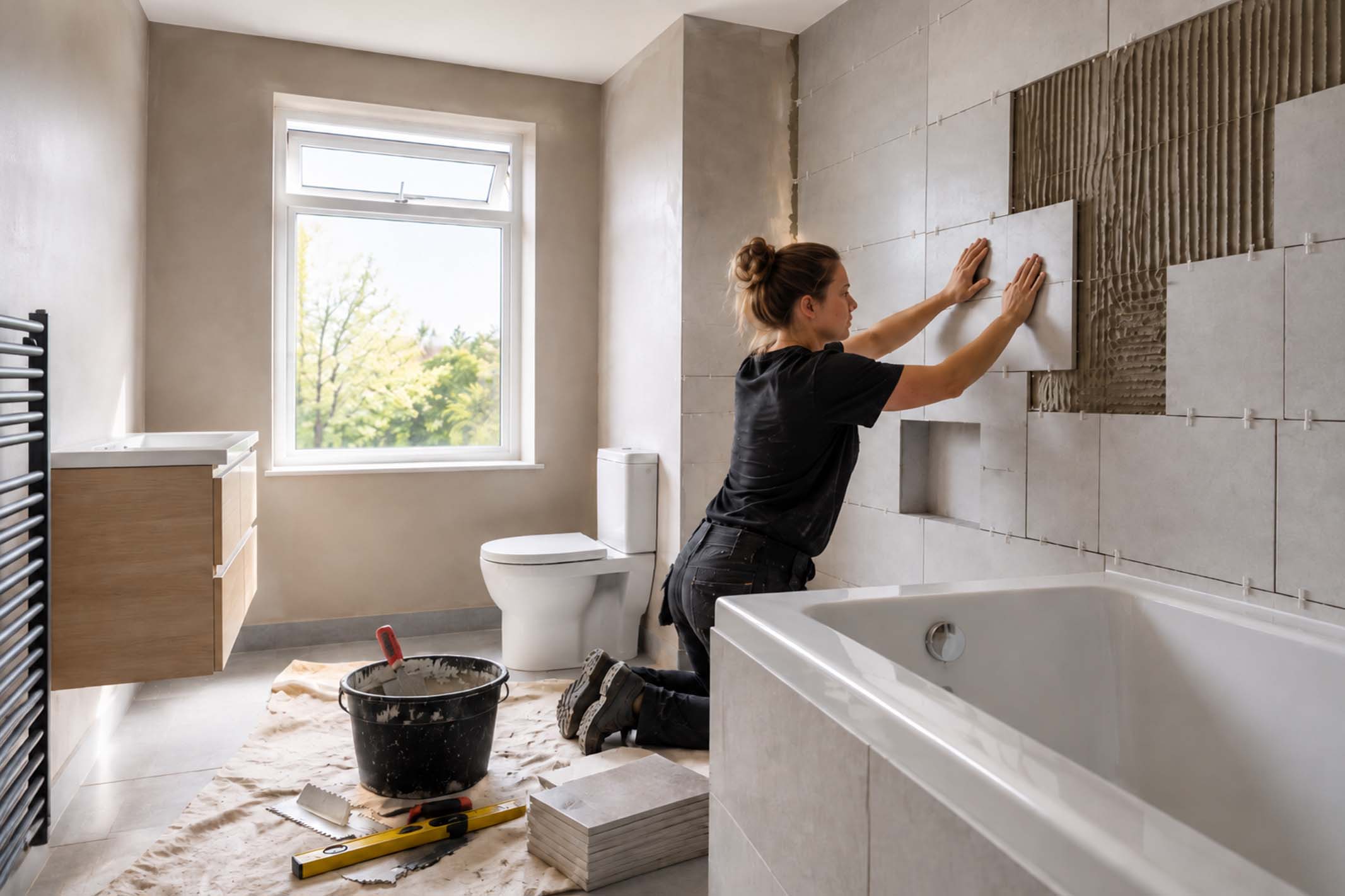 A professional tiler installing large-format tiles in a bright modern bathroom renovation, showing how property investors create value through strategic refurbishment.