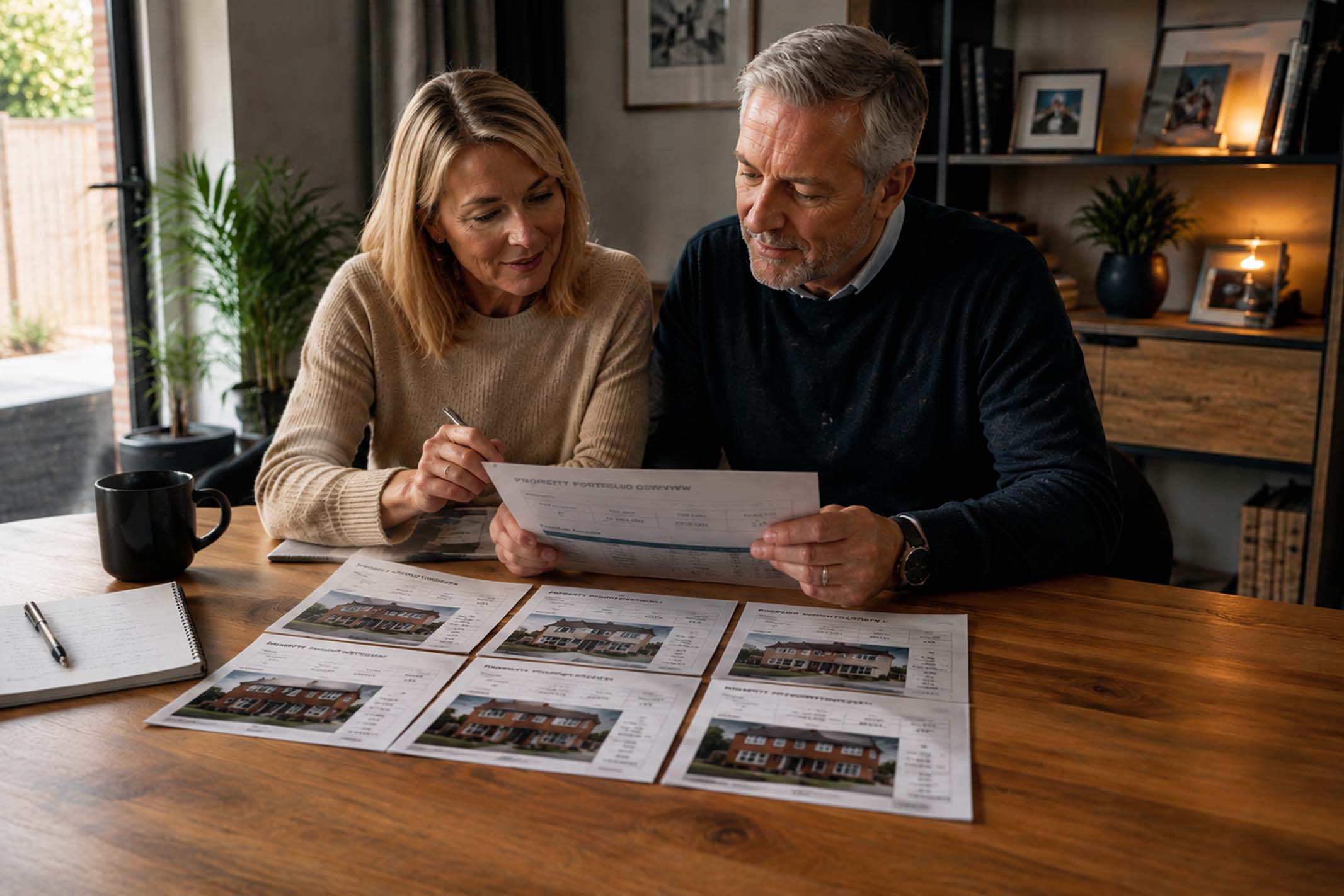 A mature couple reviewing a growing property portfolio at home, surrounded by property photographs and investment documents, representing leverage and compound growth in property investment.