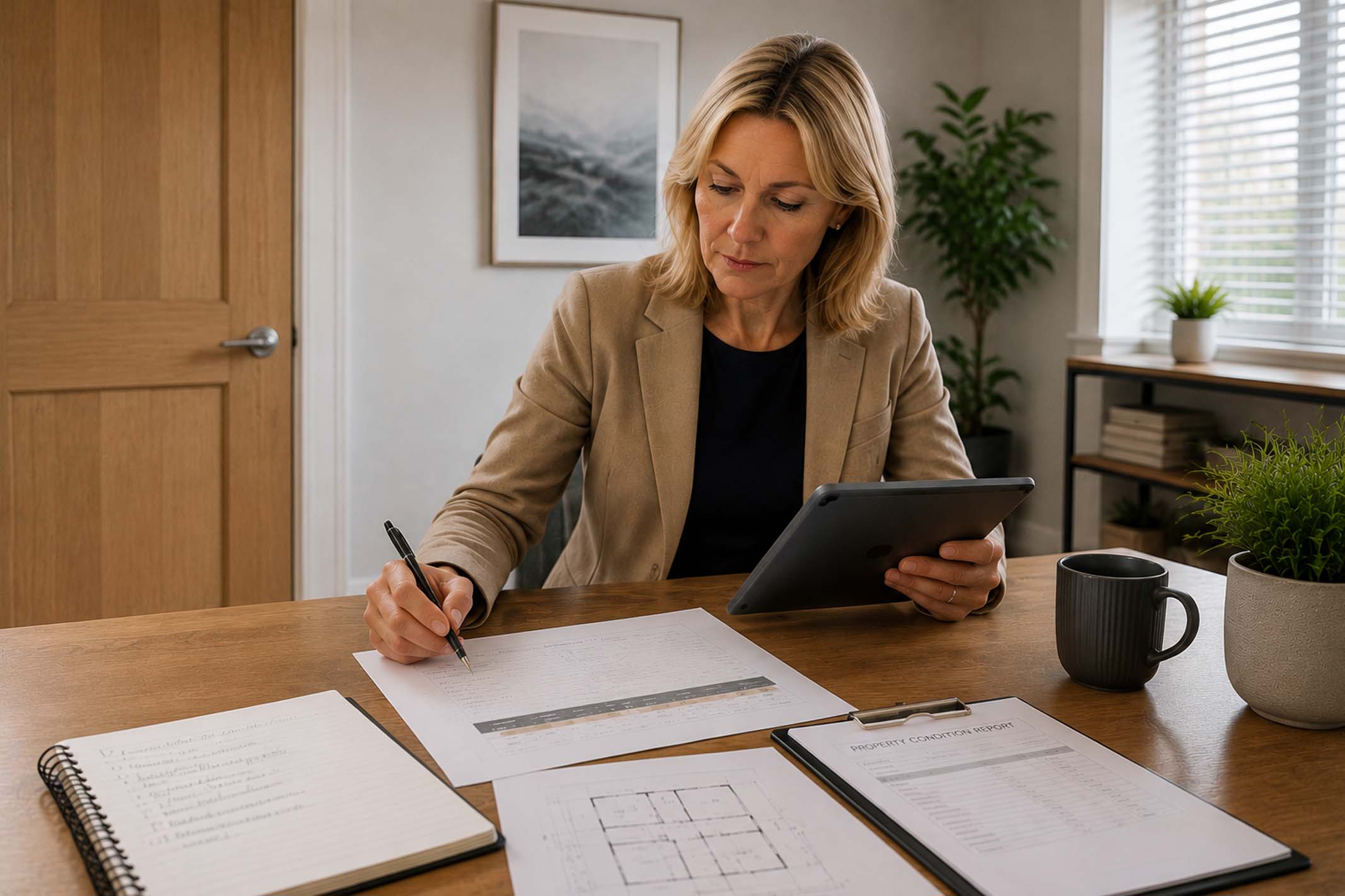 Female property investment professional reviewing property reports and investment documents in a modern home office.