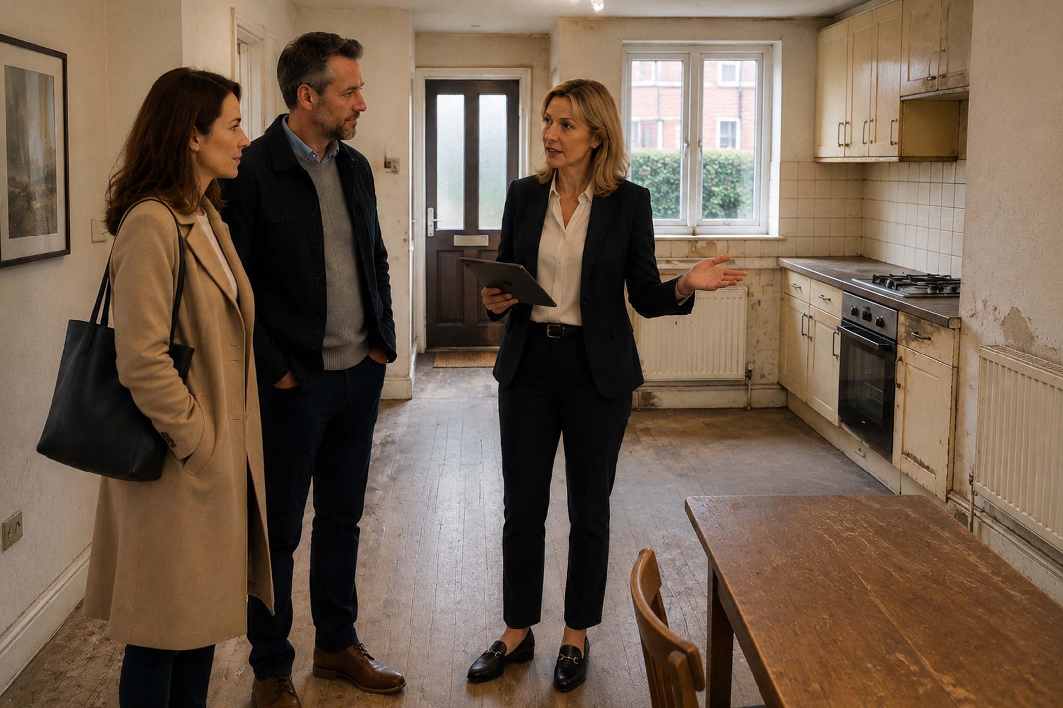 Property investment consultant discussing a refurbishment opportunity with investors inside a dated UK rental property requiring modernisation.