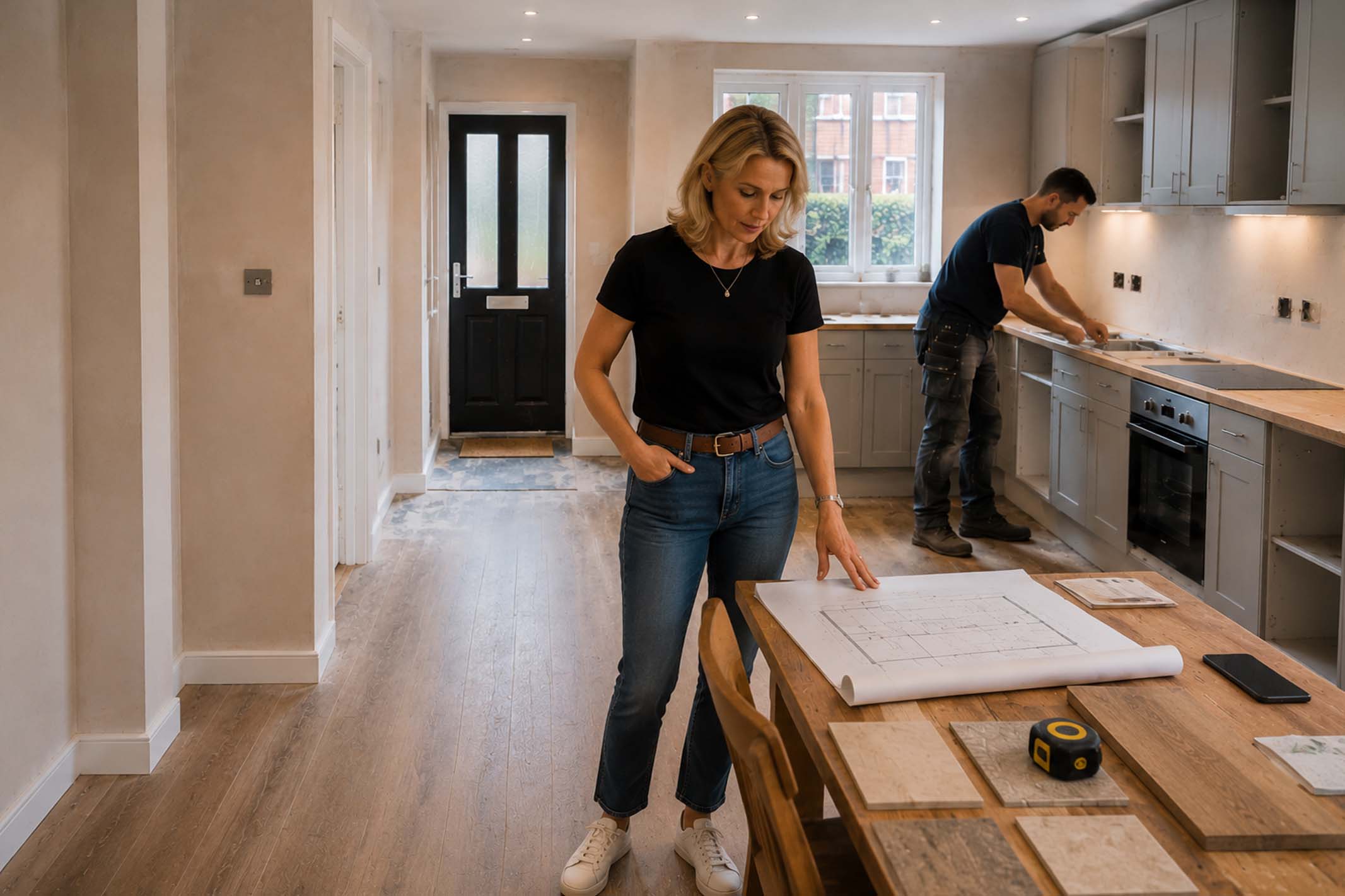 Property investment manager reviewing refurbishment plans during a kitchen renovation project at a UK rental property.