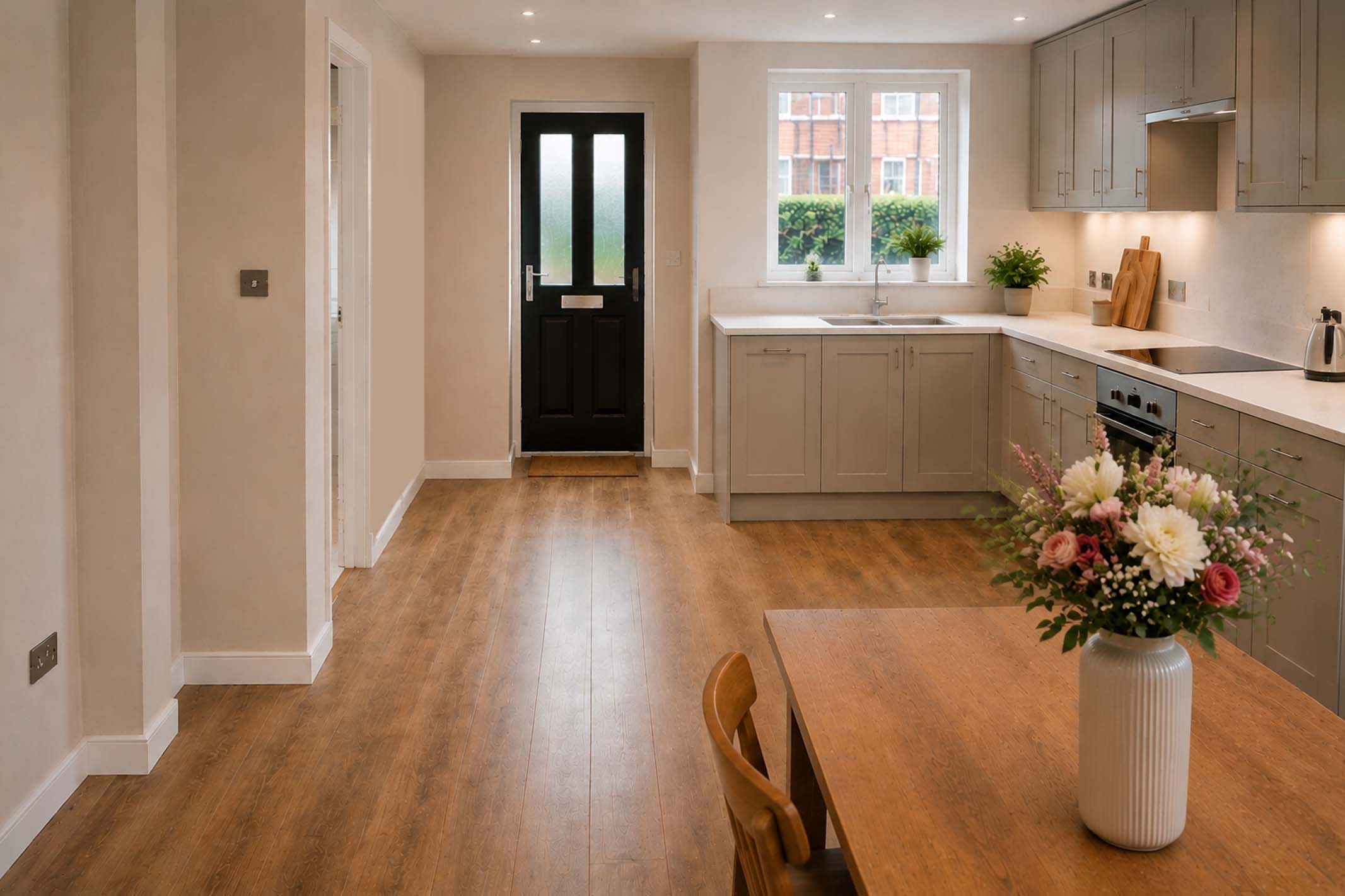 Completed refurbishment of a modern UK rental property kitchen following a professional property investment renovation project.