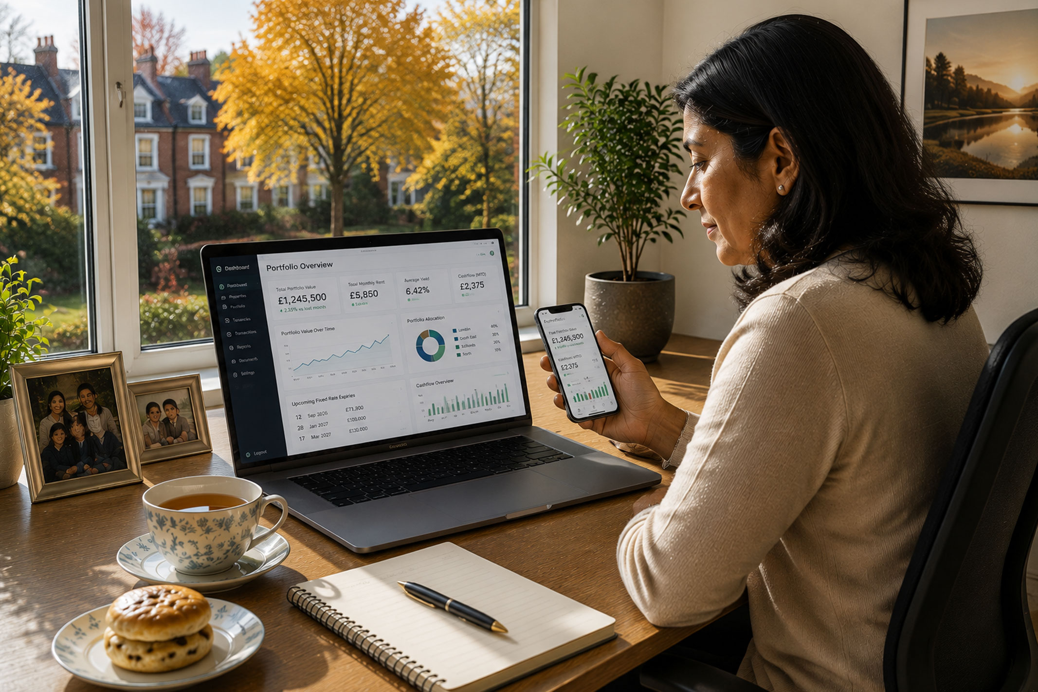 Female property investor reviewing a financial dashboard on her laptop in a sunny home office, with family photographs, tea and a scone on the desk.