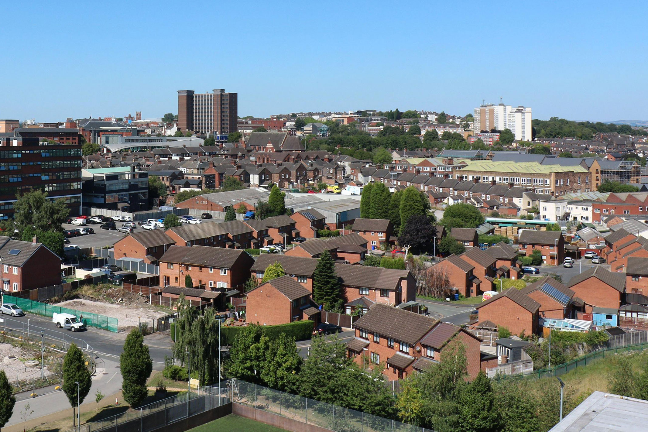 Aerial view of Stoke-on-Trent showing residential neighbourhoods, traditional housing stock and the wider urban landscape, illustrating affordability differences between regional UK property markets.