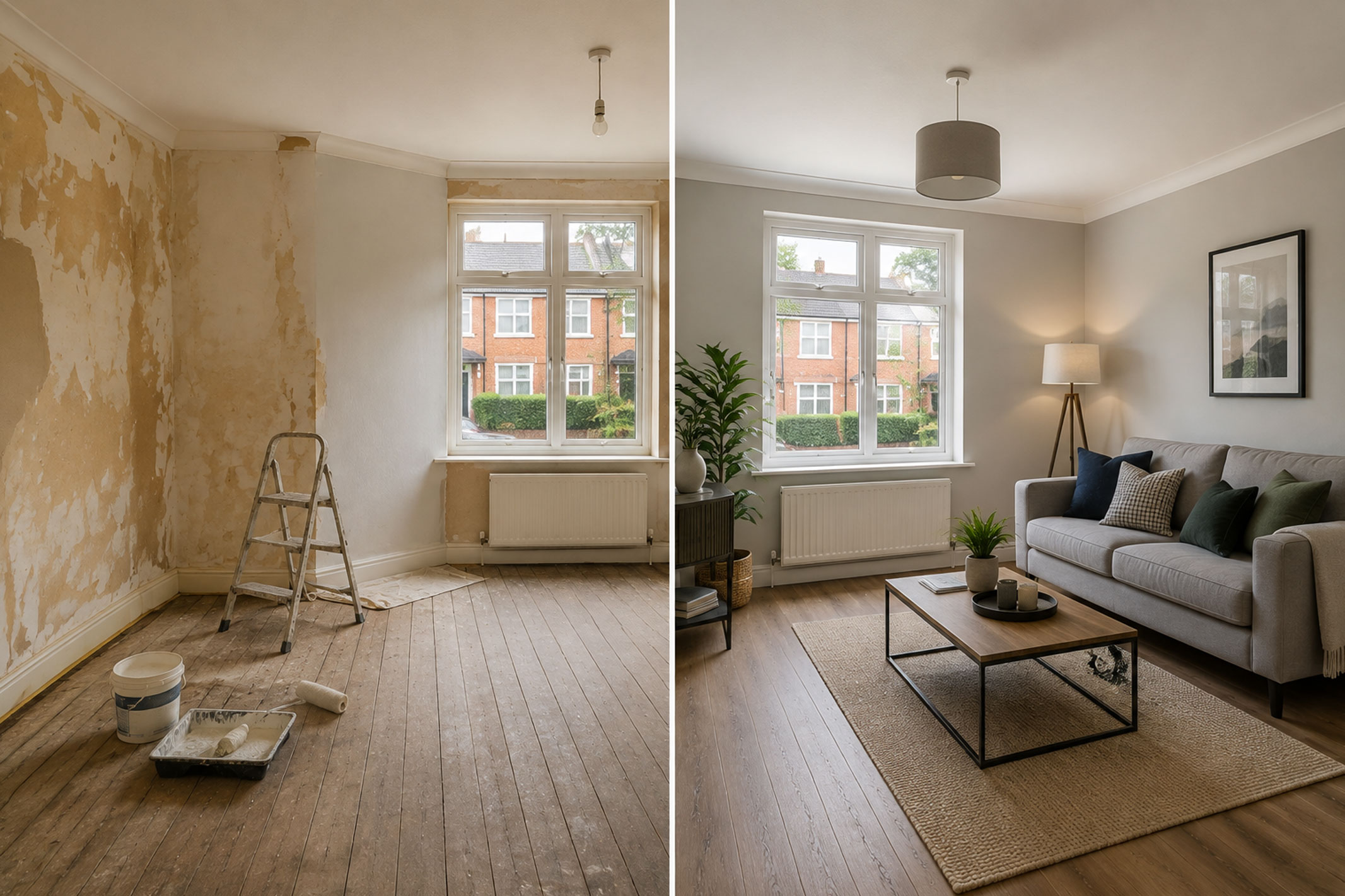 Split image showing a UK residential property living room before and after refurbishment, with the renovated space demonstrating how targeted improvements can enhance an investment asset.