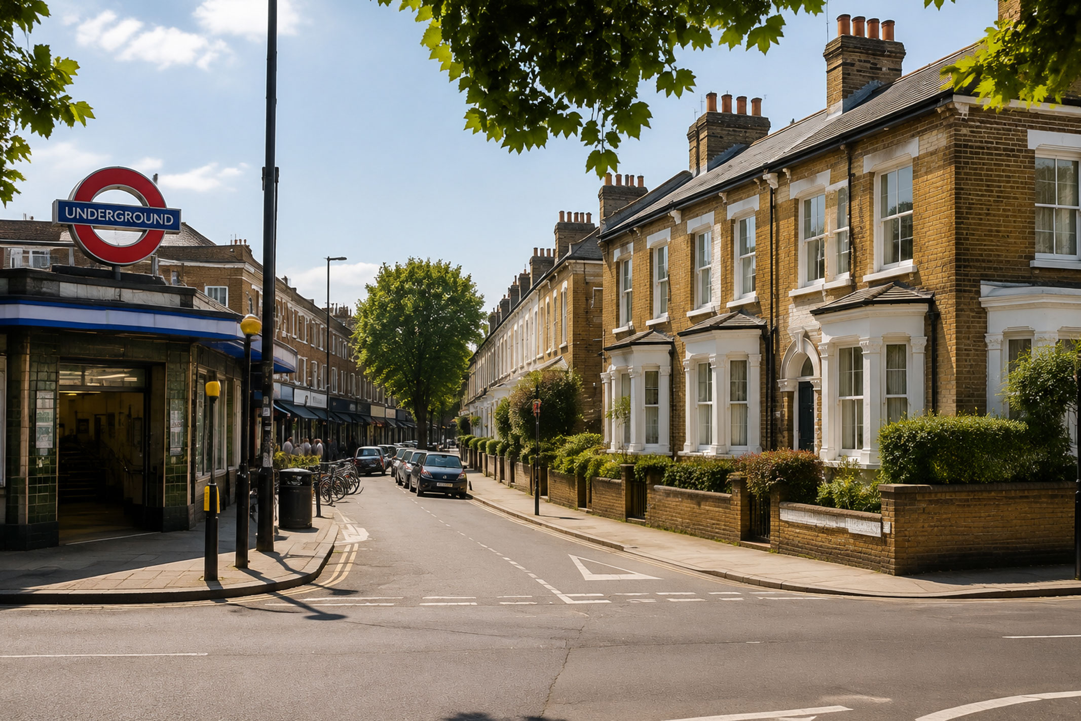 A London residential street with Victorian terraced houses near an Underground station, illustrating how transport connectivity and local demand can influence individual property investment potential.