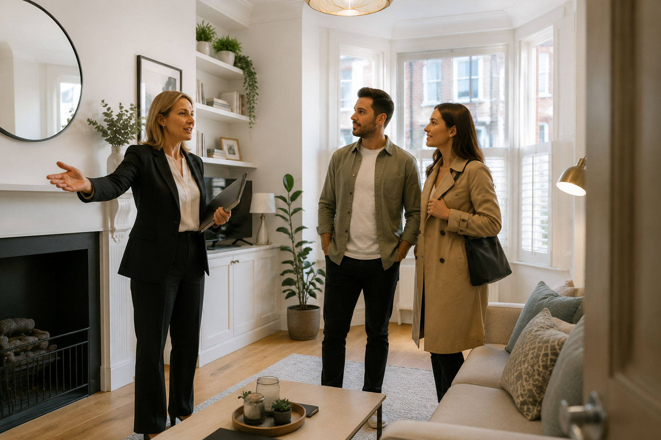 Female letting agent showing a young professional couple around a London rental property ready for tenants.