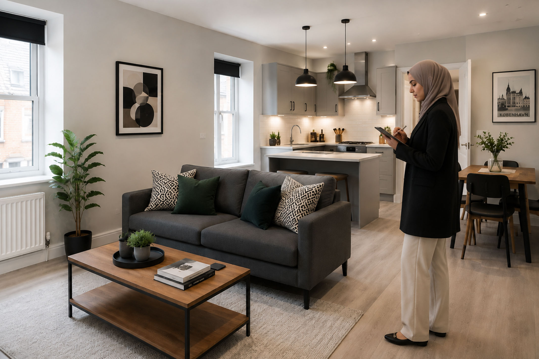 Professional reviewing a newly refurbished rental property interior with a modern kitchen and living space prepared for tenants.