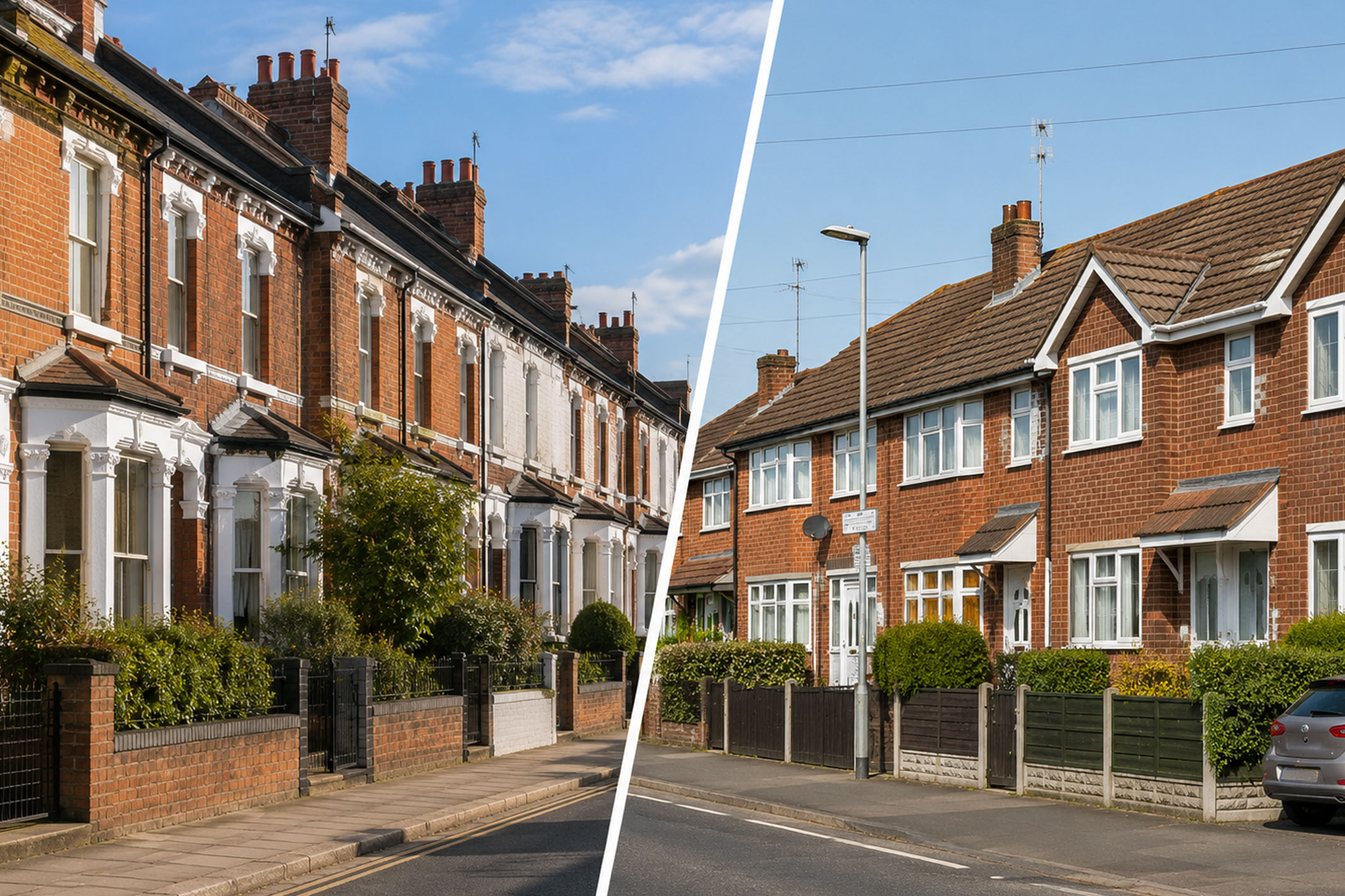 Split image comparing residential streets in Reading and Warrington.