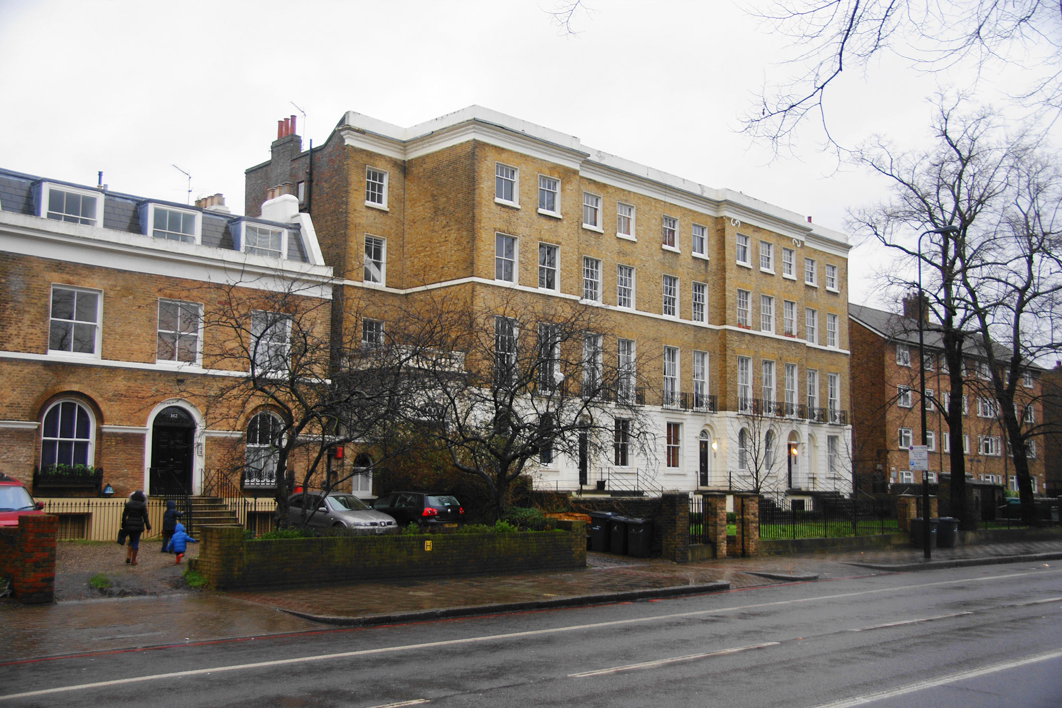 Residential apartment blocks on Brixton Road in South London.