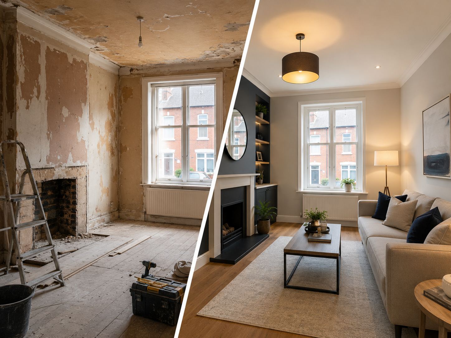 Before and after property refurbishment in a terraced house living room