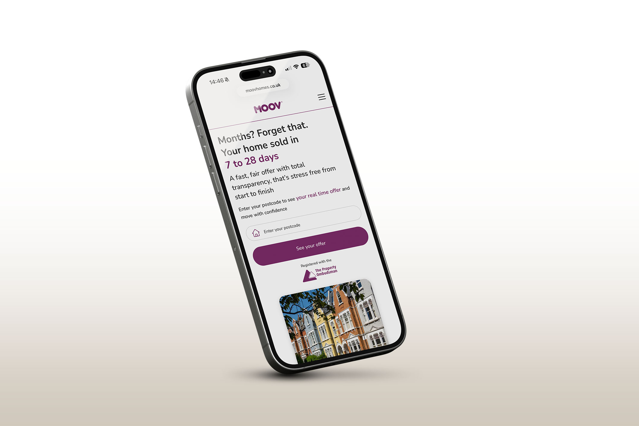 Smartphone displaying the Moov Homes property sourcing platform for direct-to-vendor property sales