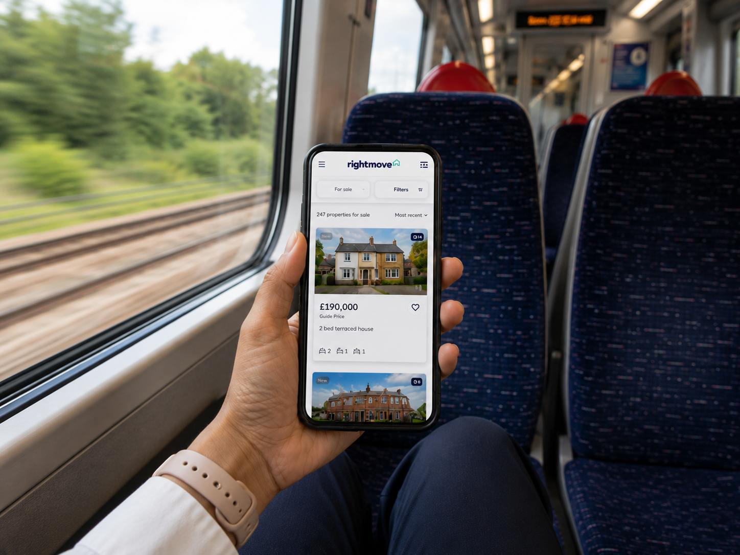 Property investor reviewing competing homes for sale on Rightmove while travelling by train