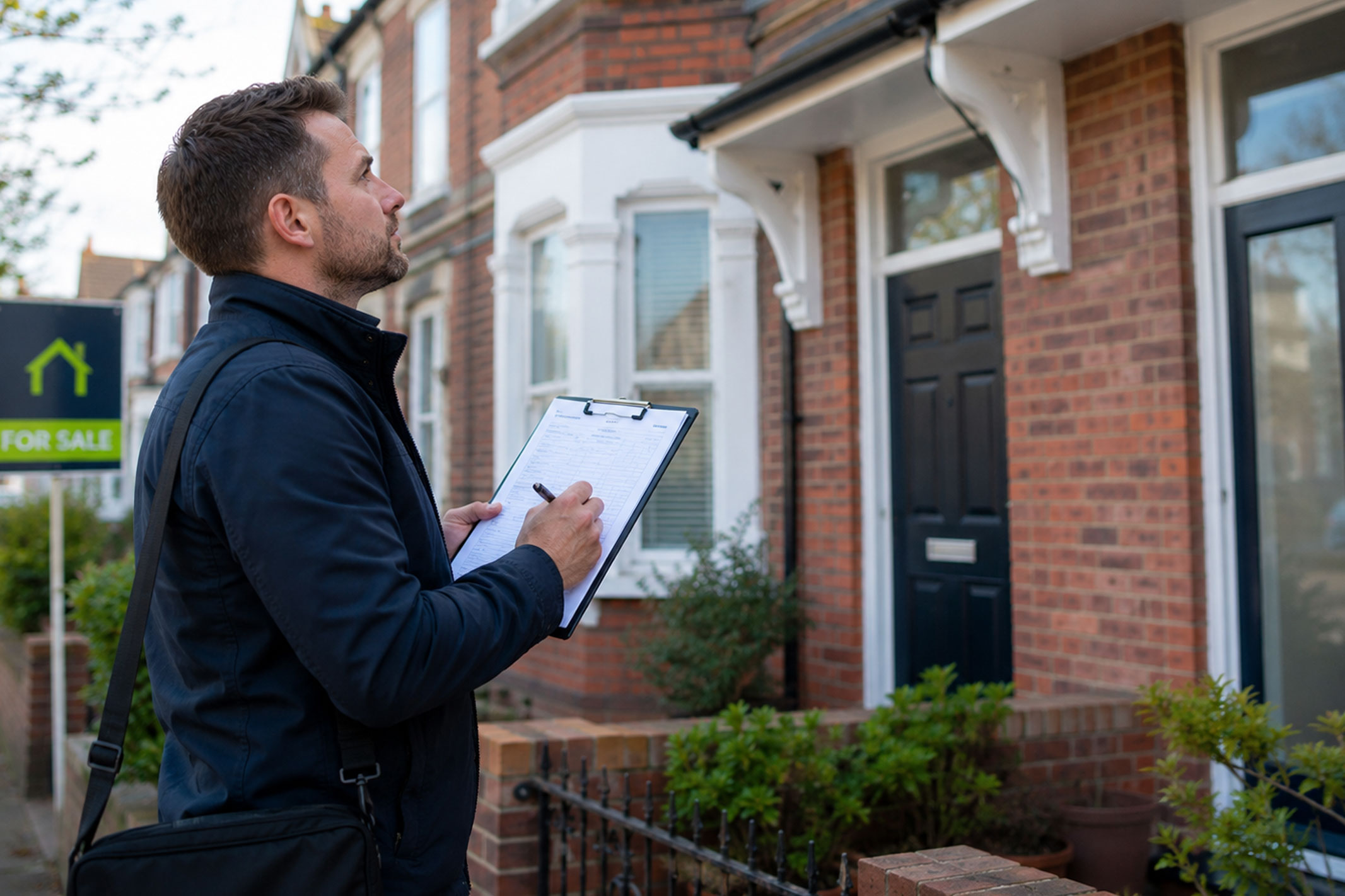 Property surveyor assessing the condition of a UK terraced house