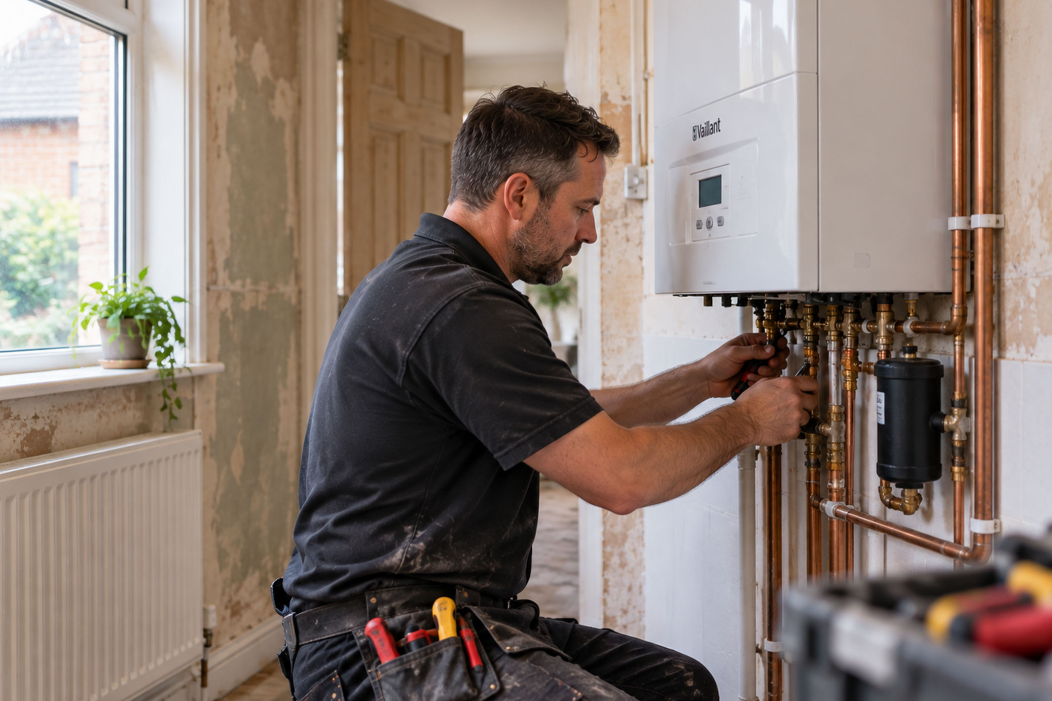 Tradesperson installing a modern boiler in an older residential property