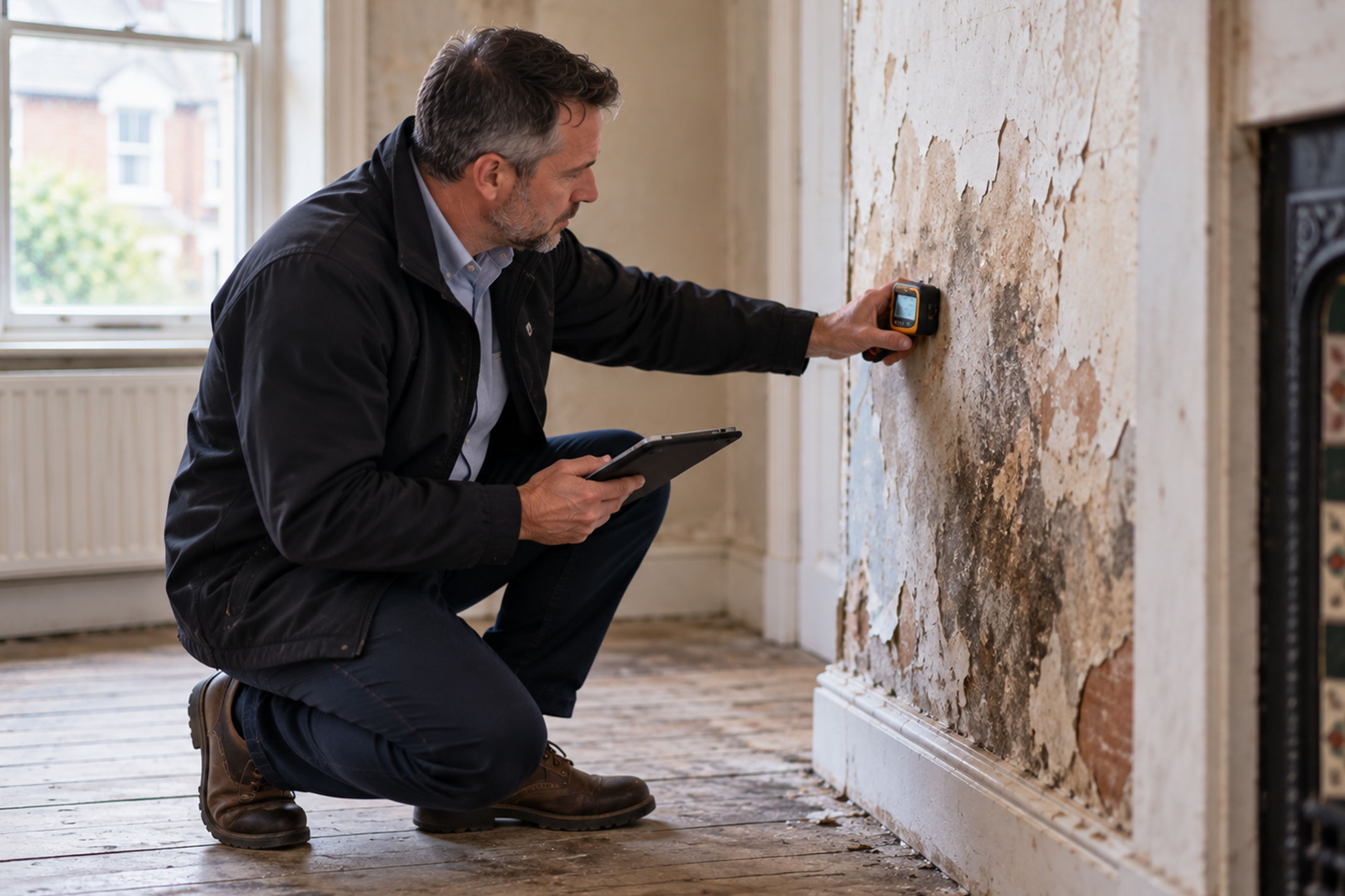 Building surveyor inspecting damp and deterioration on an internal wall