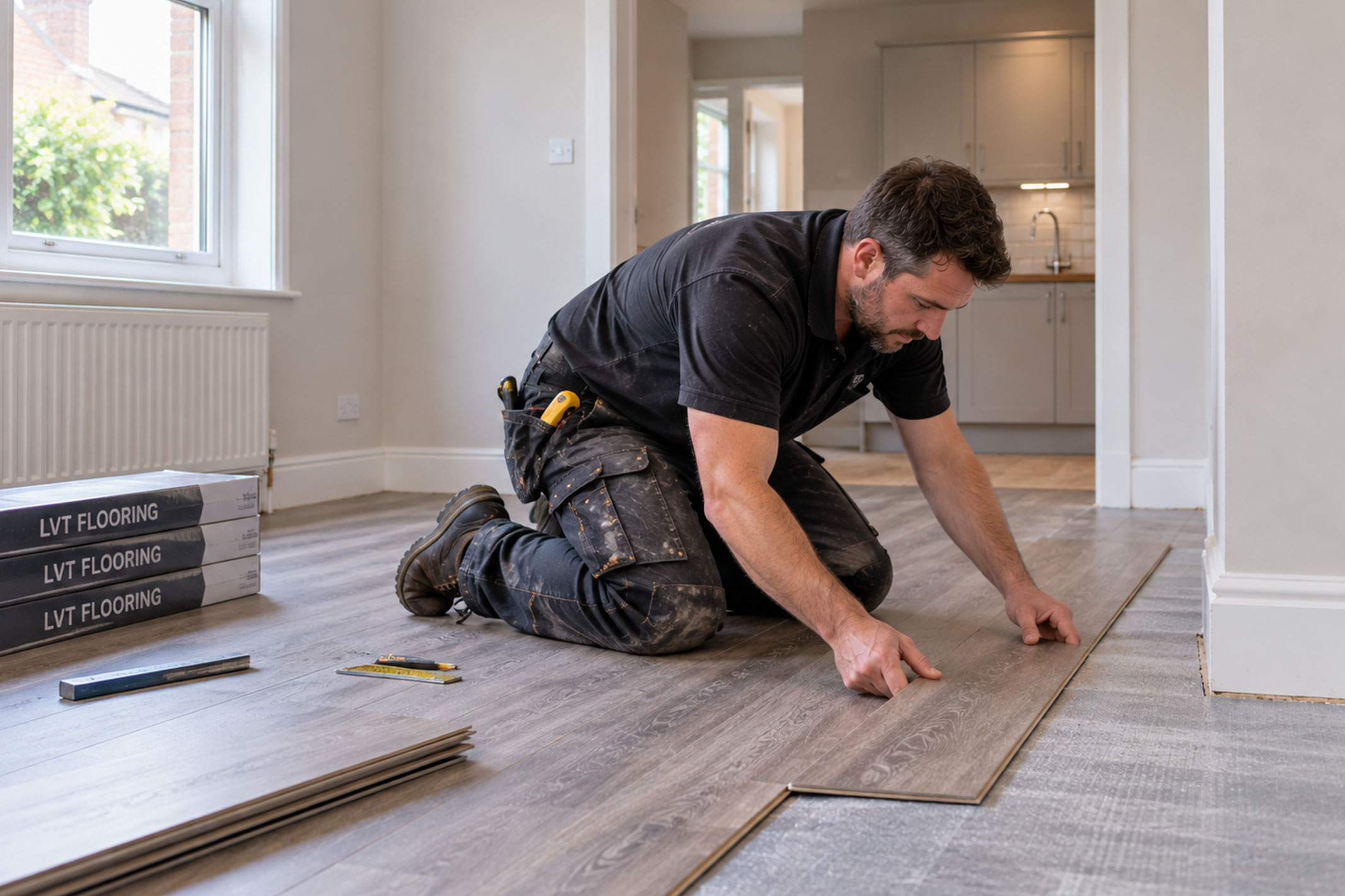 Tradesperson installing durable flooring during a rental property refurbishment