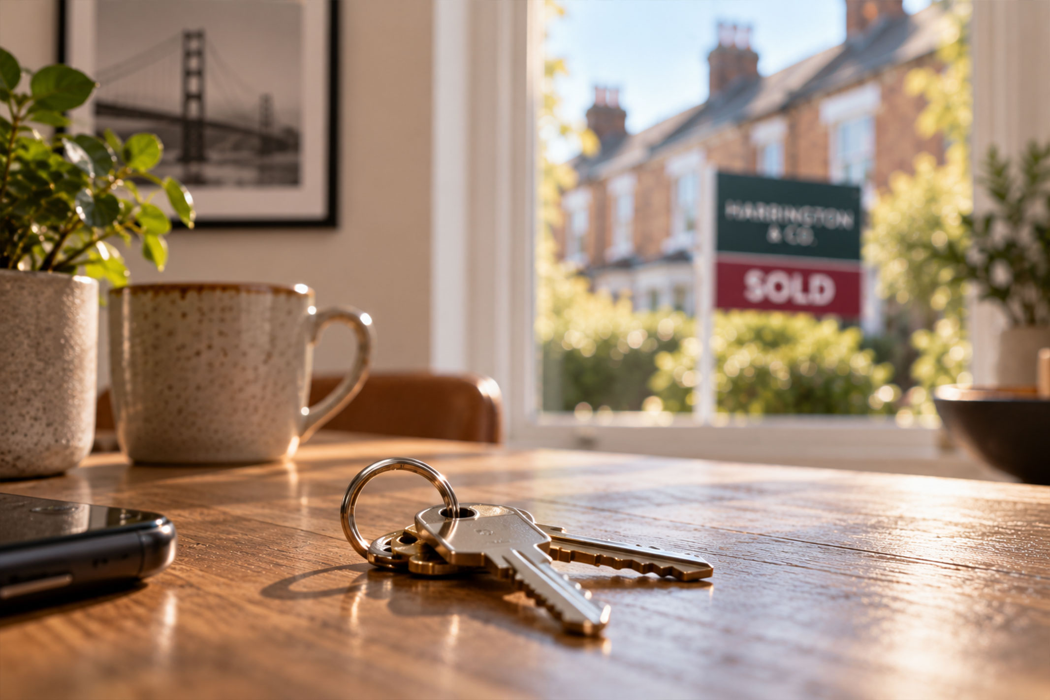 House keys on a kitchen table with a sold sign visible through the window of a terraced property.