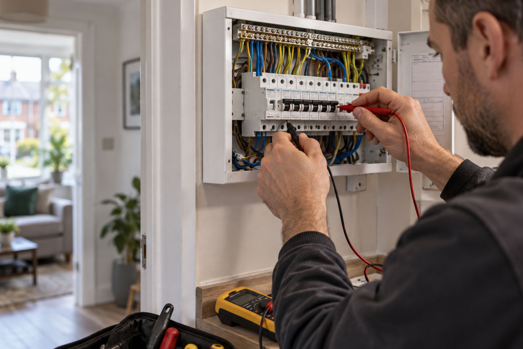 Electrician carrying out electrical work on a residential consumer unit in a UK rental property.