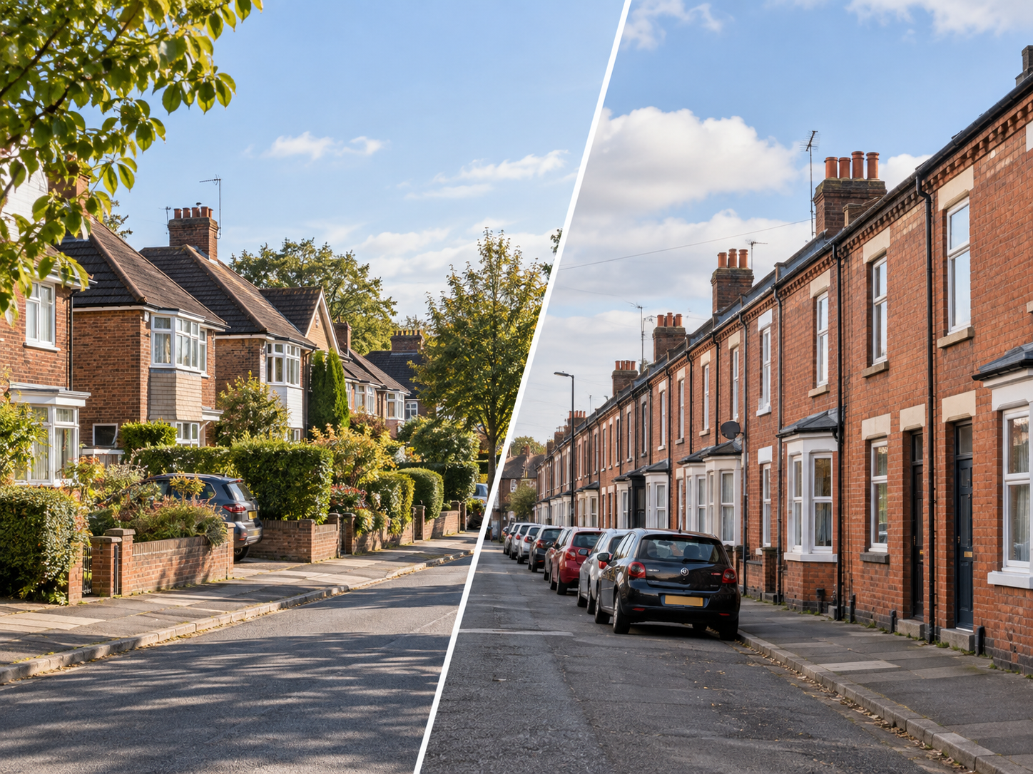 Split image comparing residential streets in the South East and North West of England, illustrating regional differences in UK rental markets.