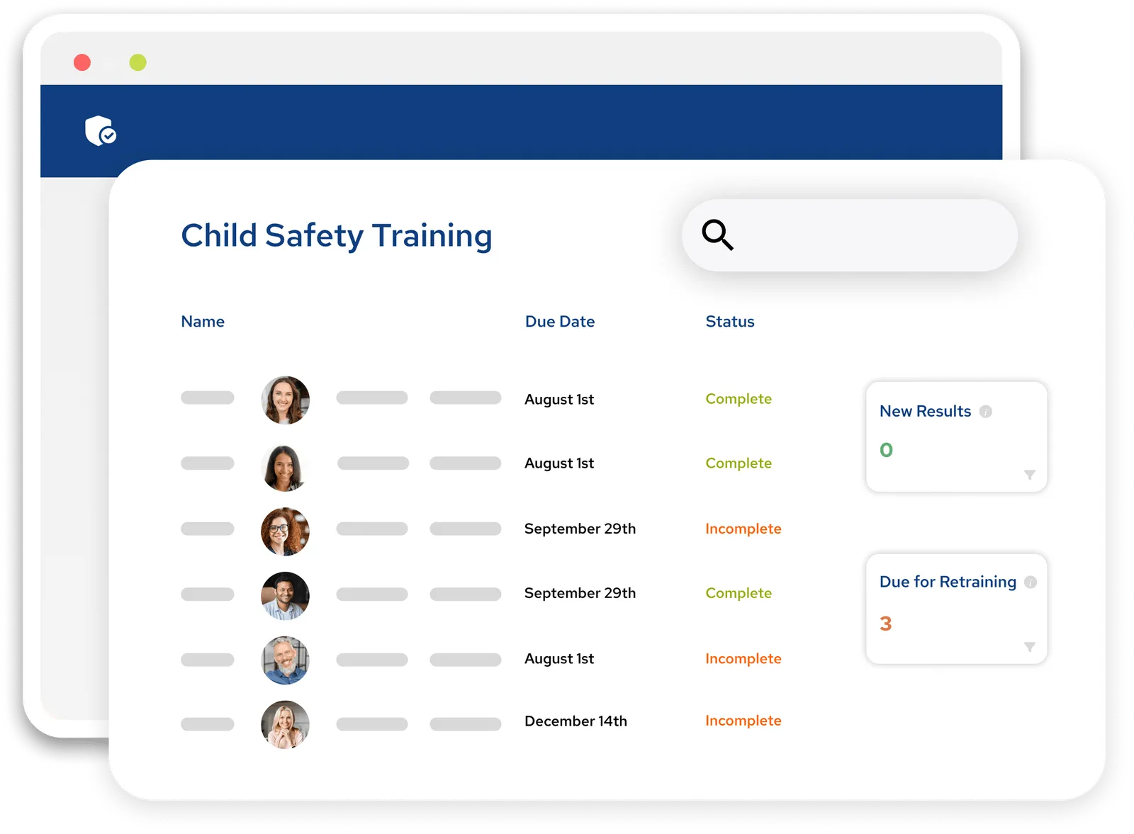Dashboard showing Child safety training
