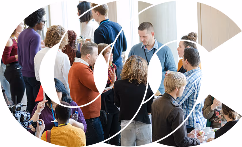 graphic with people talking at conference