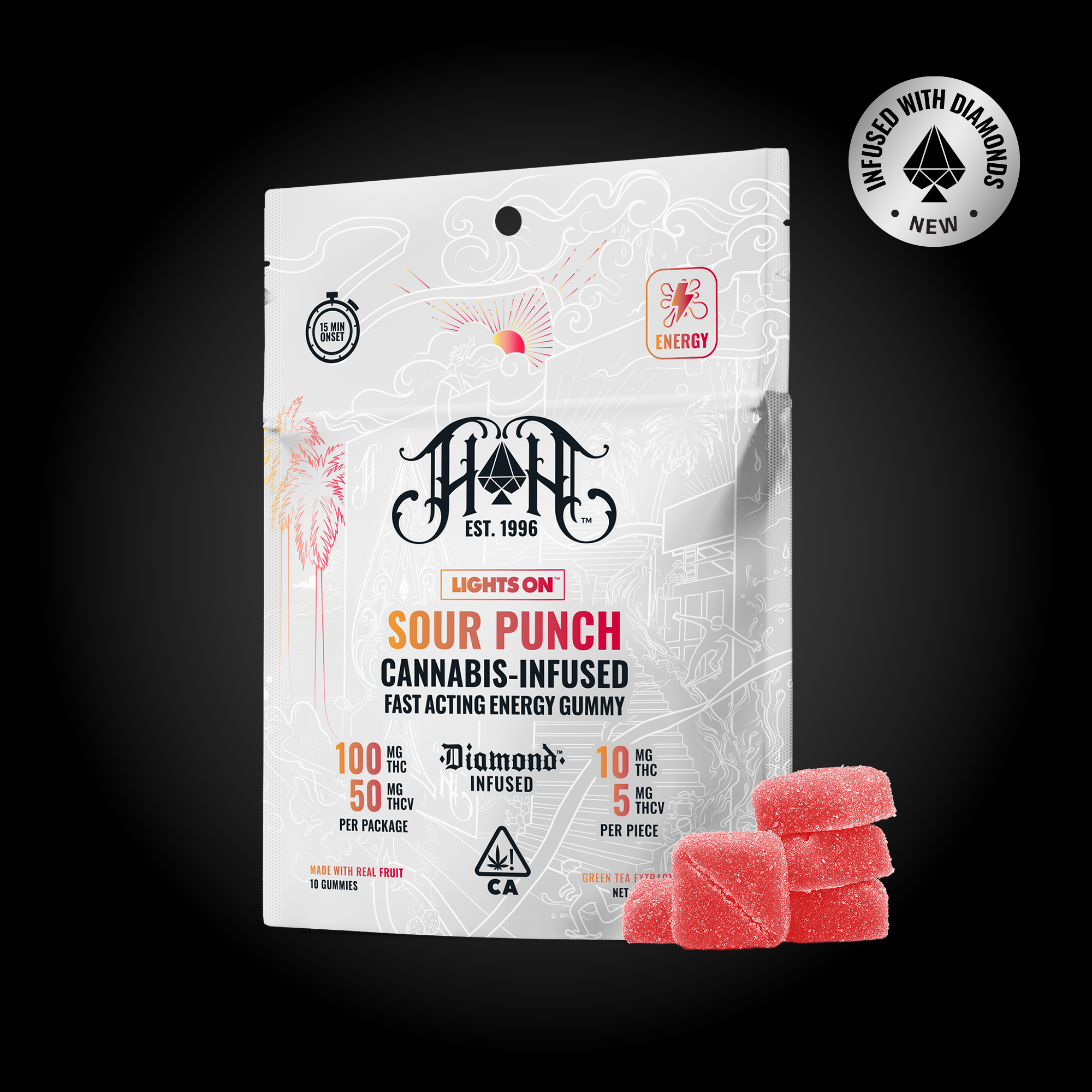 Heavy Hitters Fast Acting Lights On Sour Punch gummies bag, 10mg sativa edibles that hit faster for daytime energy