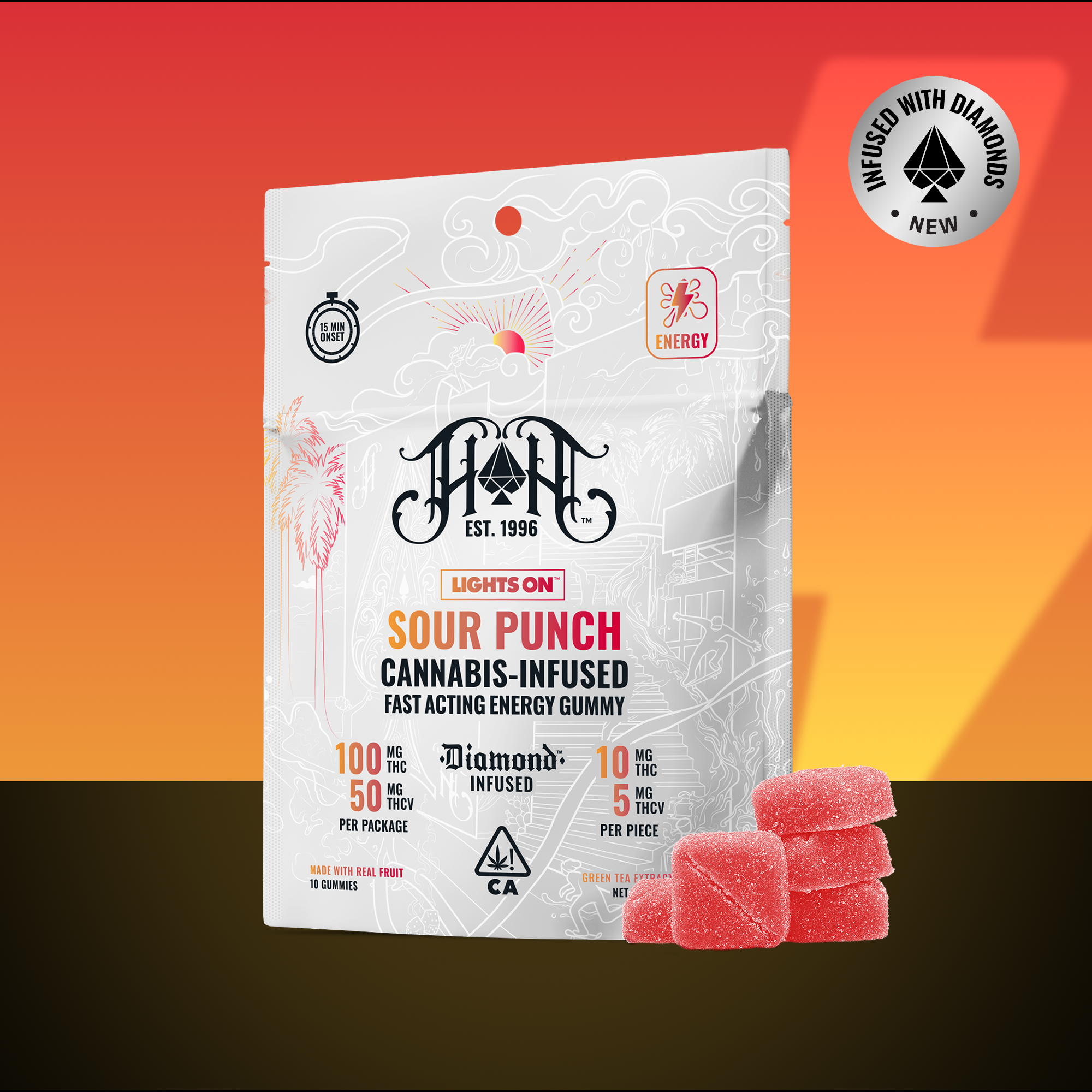 Heavy Hitters Fast Acting Lights On Sour Punch gummies bag, California packaging for 10mg sativa energy edibles