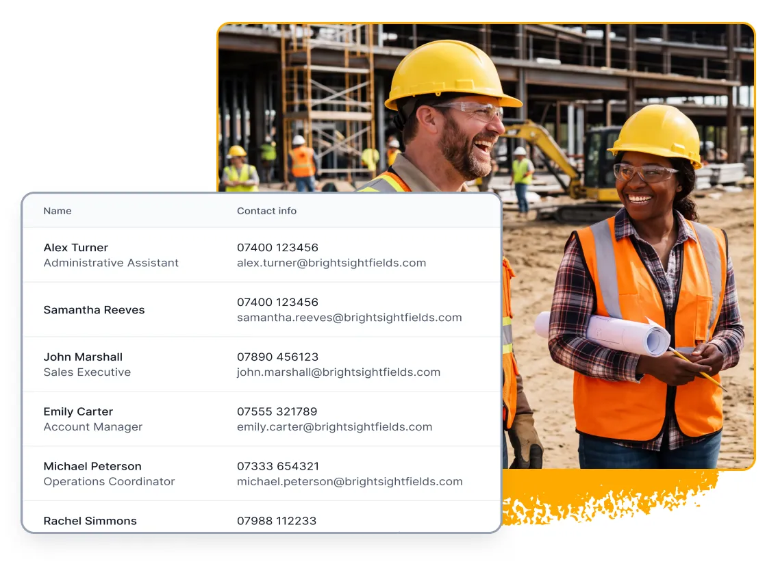 Client contact records alongside two construction colleagues on site.