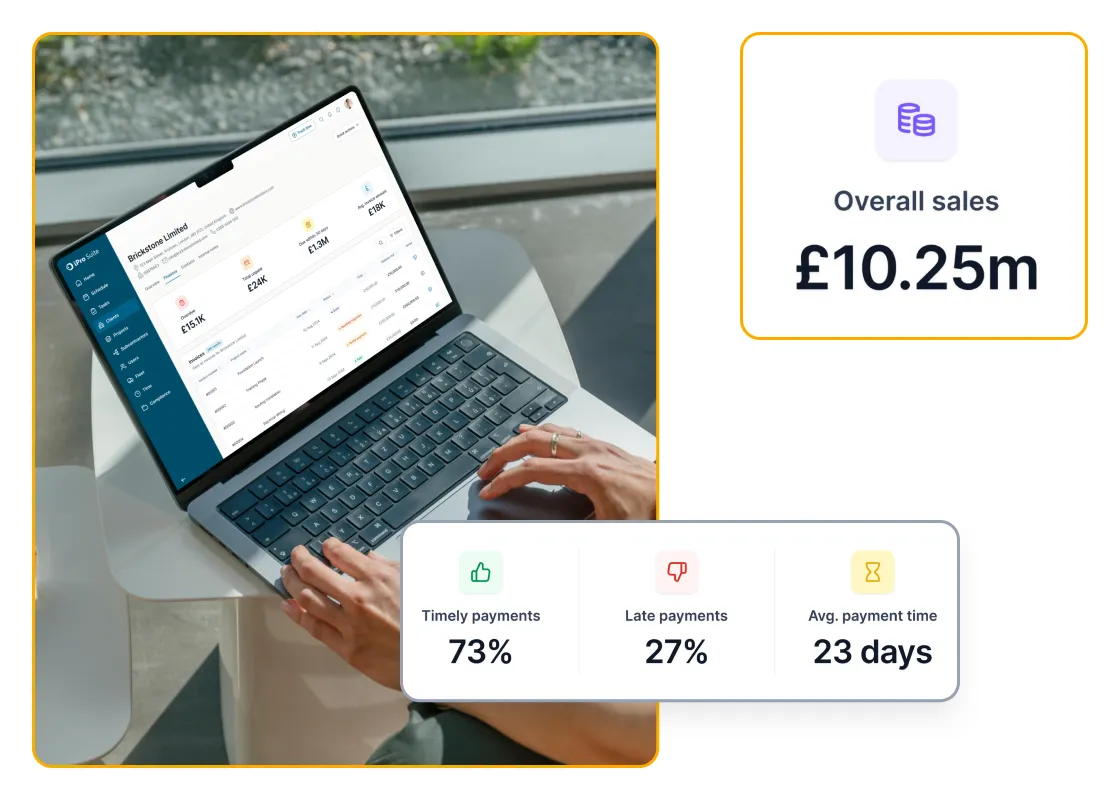 Client sales and payment insights, including turnover, timely payments and average payment time.