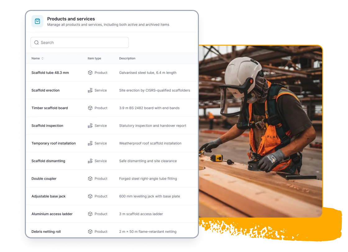 Saved products and services with consistent prices, alongside a construction worker cutting timber.