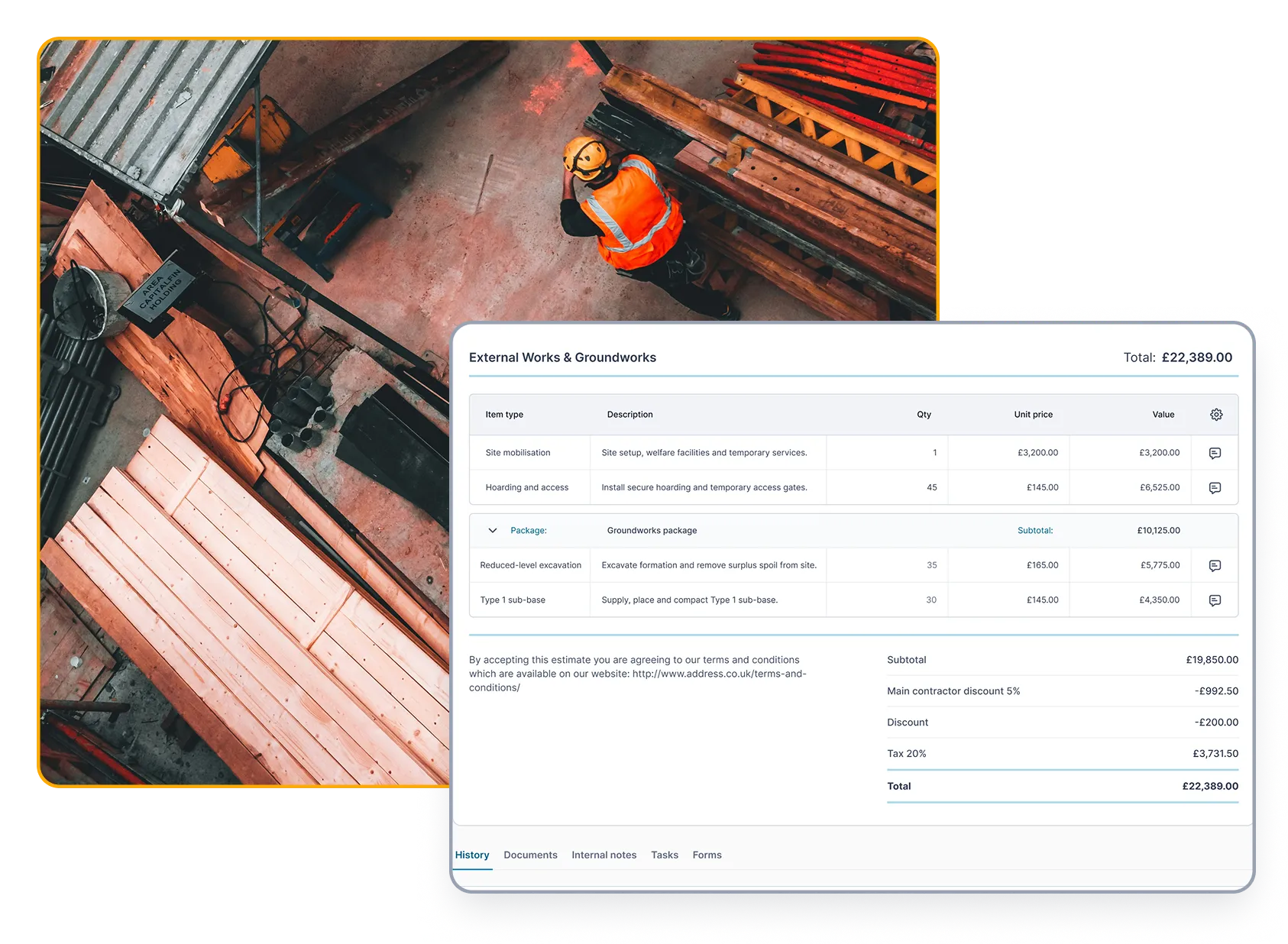 A structured estimate showing grouped services and products, alongside workers on a construction site.