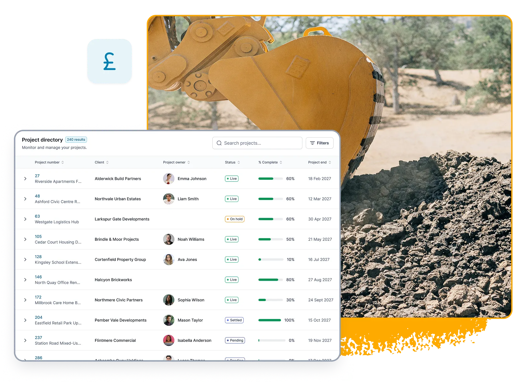 Project directory showing owners, statuses, progress and end dates beside an excavator.